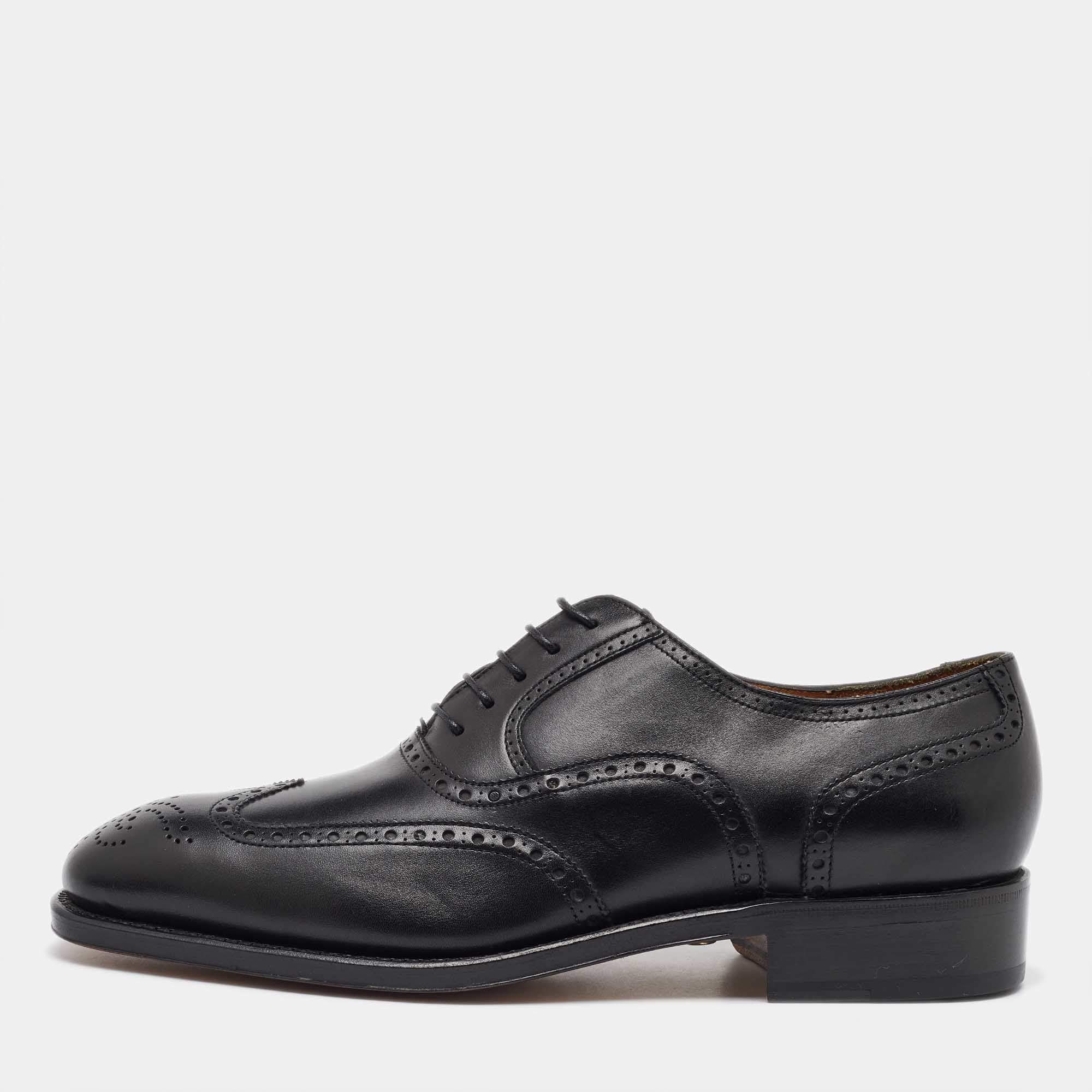 Pre Owned Salvatore Ferragamo Black Leather Brogue Wingtip Oxfords Size 41.5