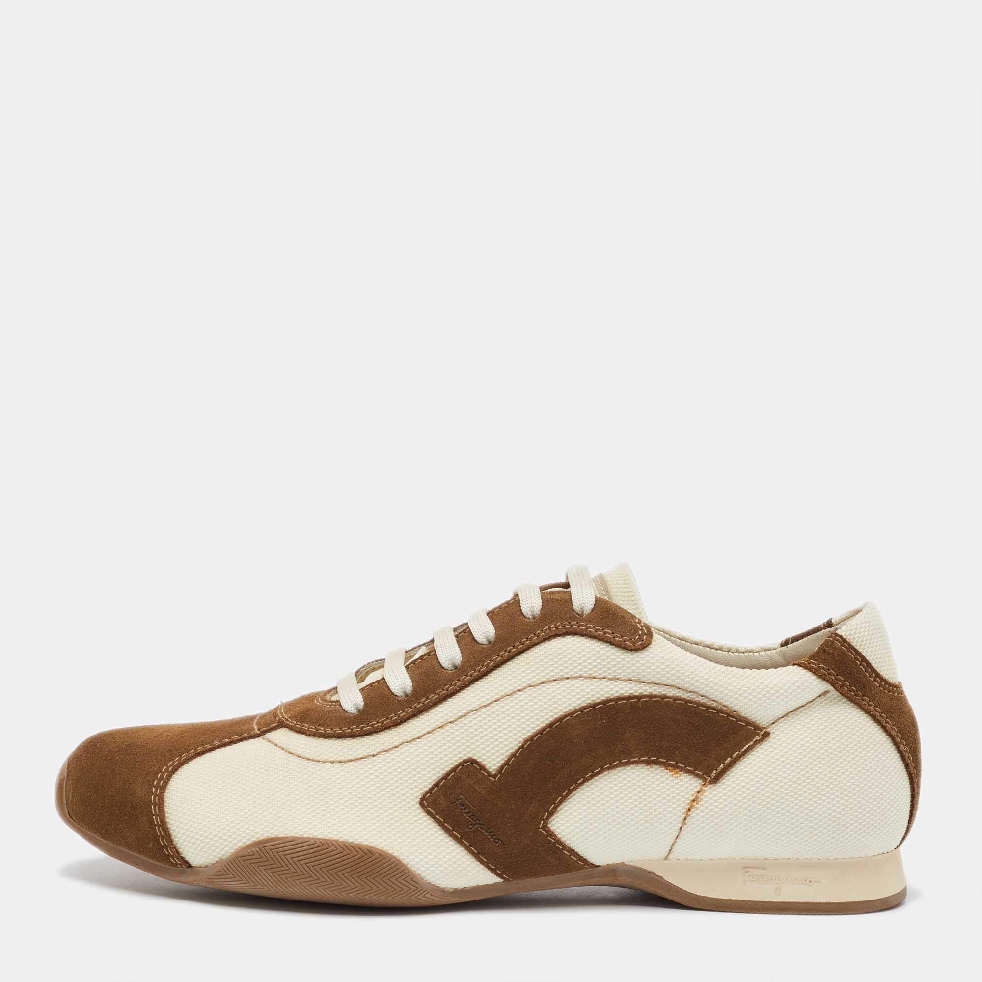 Salvatore Ferragamo Brown/Cream Suede and Fabric Low Top Sneakers Size 41.5