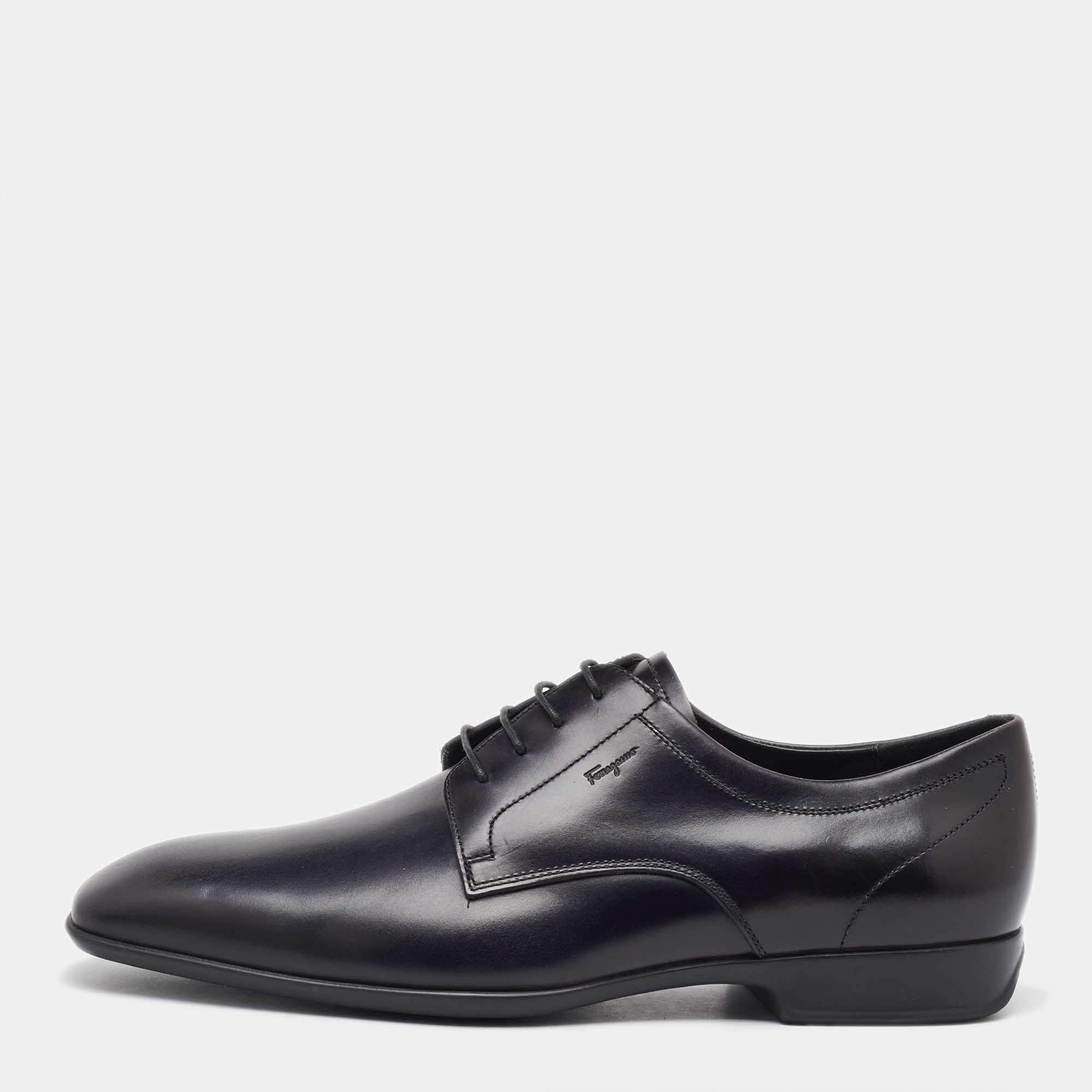 Pre Owned Salvatore Ferragamo Black Leather Lace Up Derby Size 41.5