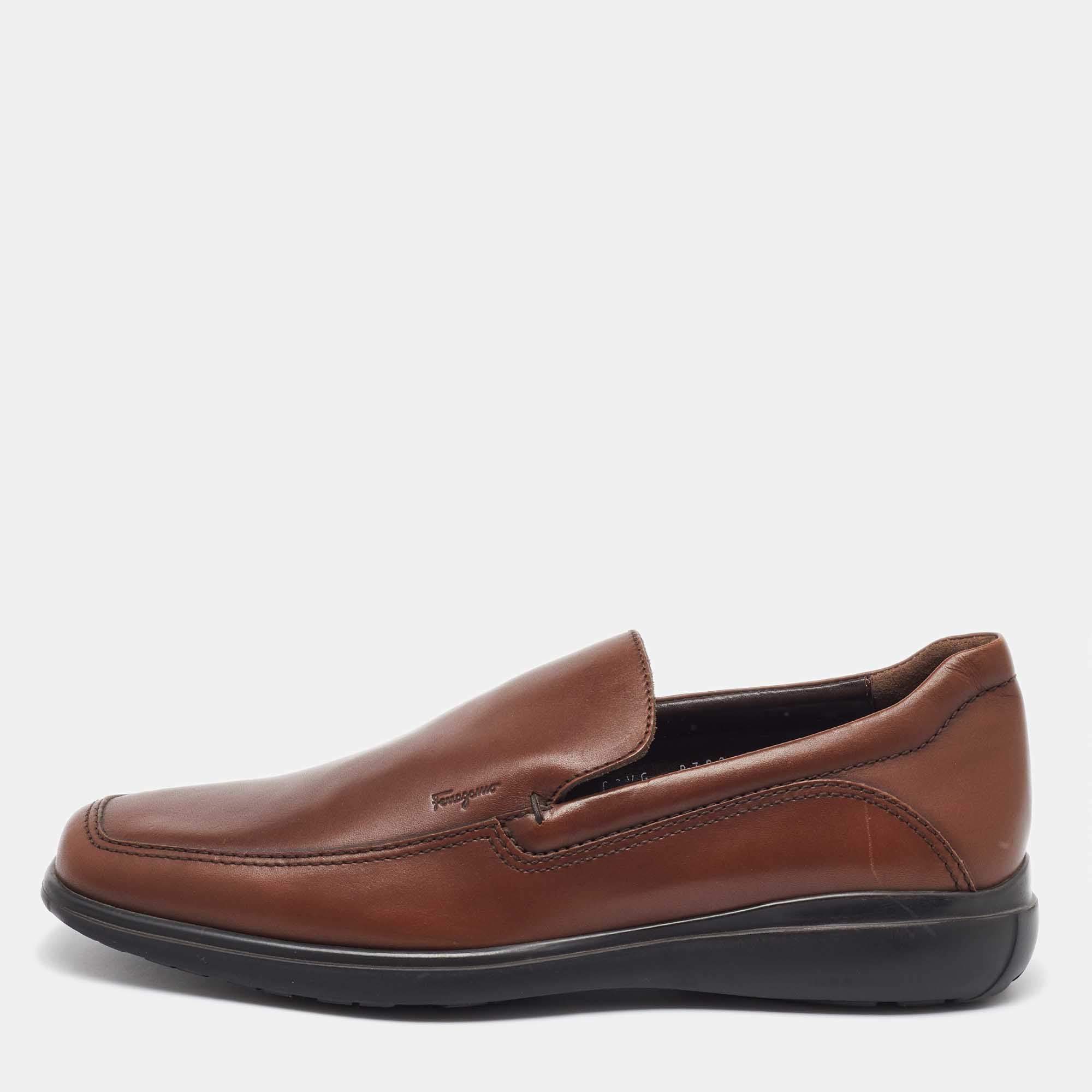 Salvatore Ferragamo Brown Leather Slip On Loafers Size 41.5
