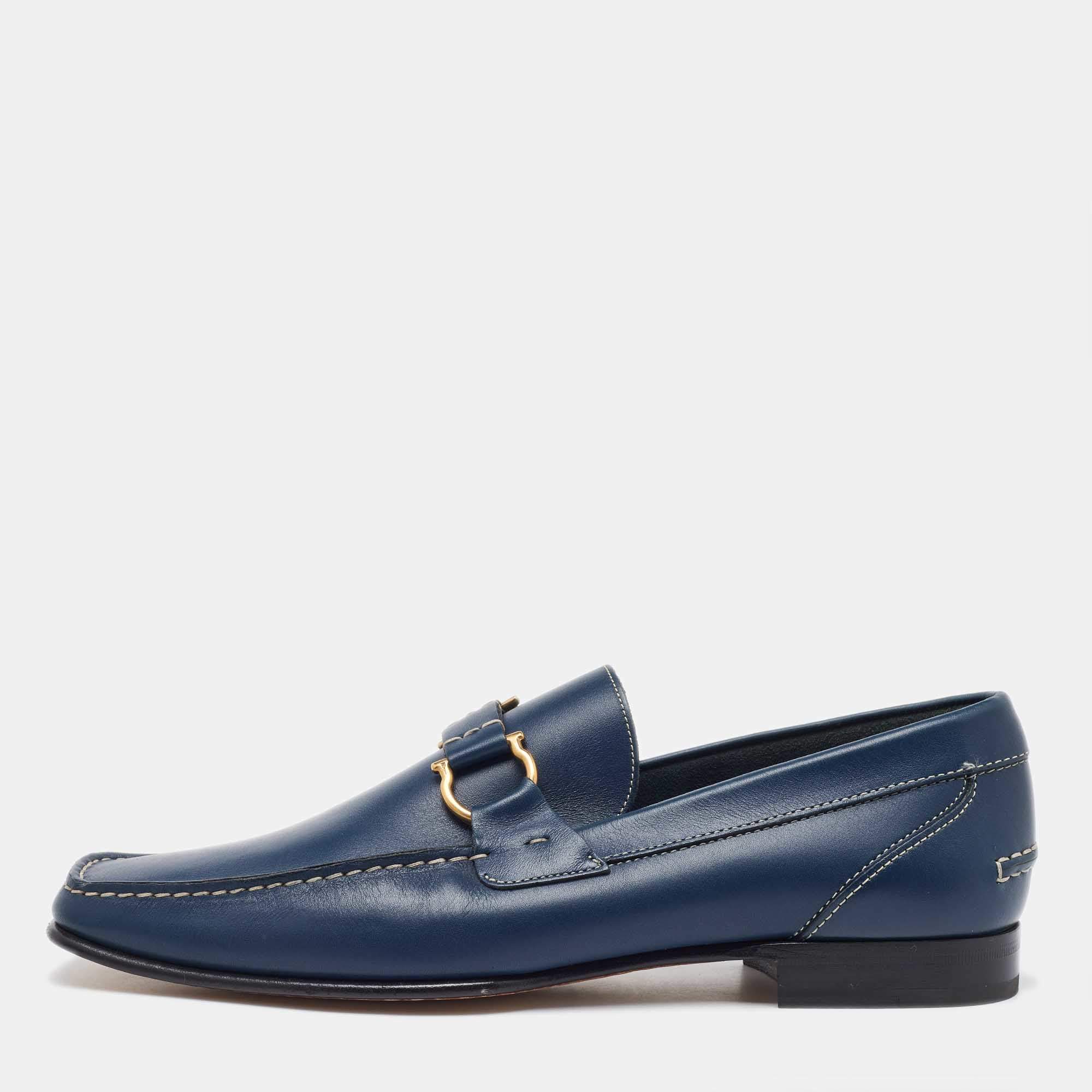 Pre Owned Salvatore Ferragamo Blue Leather Gancini Loafers Size 41.5