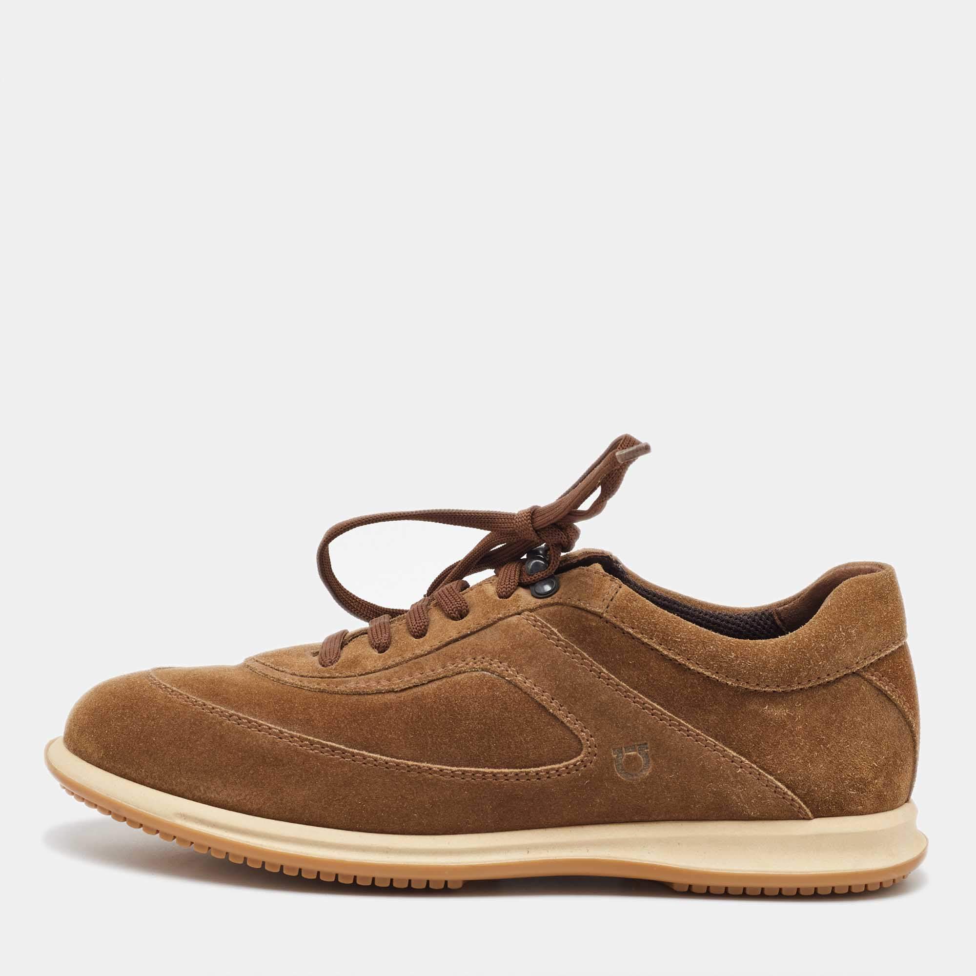 Salvatore Ferragamo Brown Suede Low Top Sneakers Size 41.5