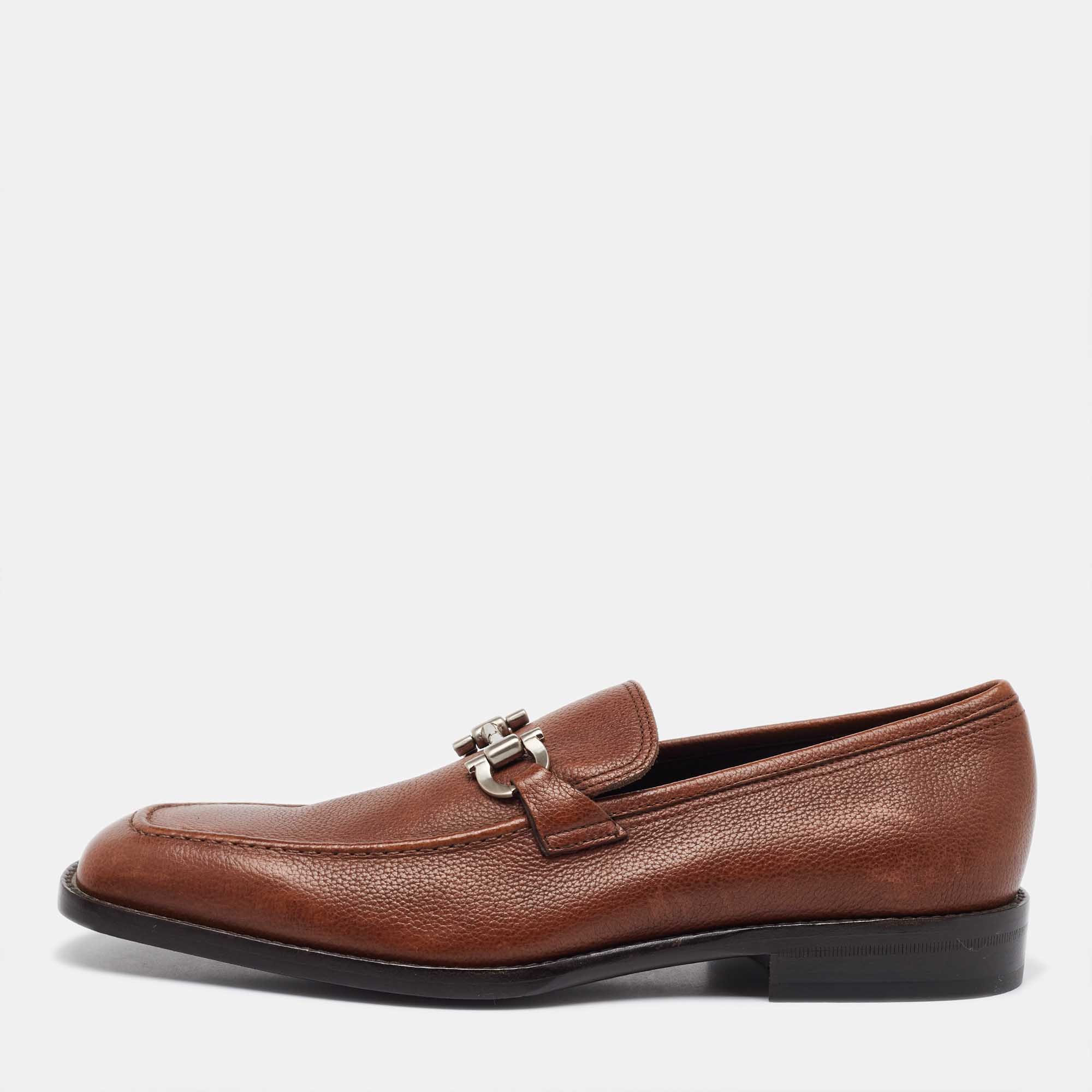 Salvatore Ferragamo Brown Leather Gancini Slip On Penny Loafers Size 41.5