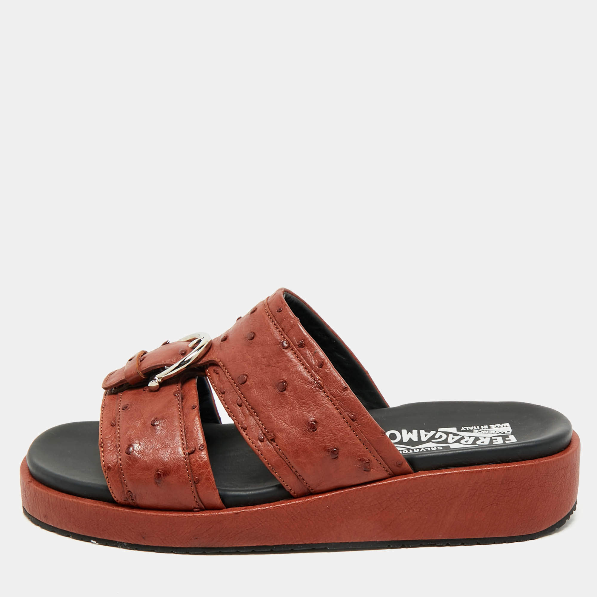 Salvatore Ferragamo Brown Ostrich Lutfi Platform Slides Size 40.5