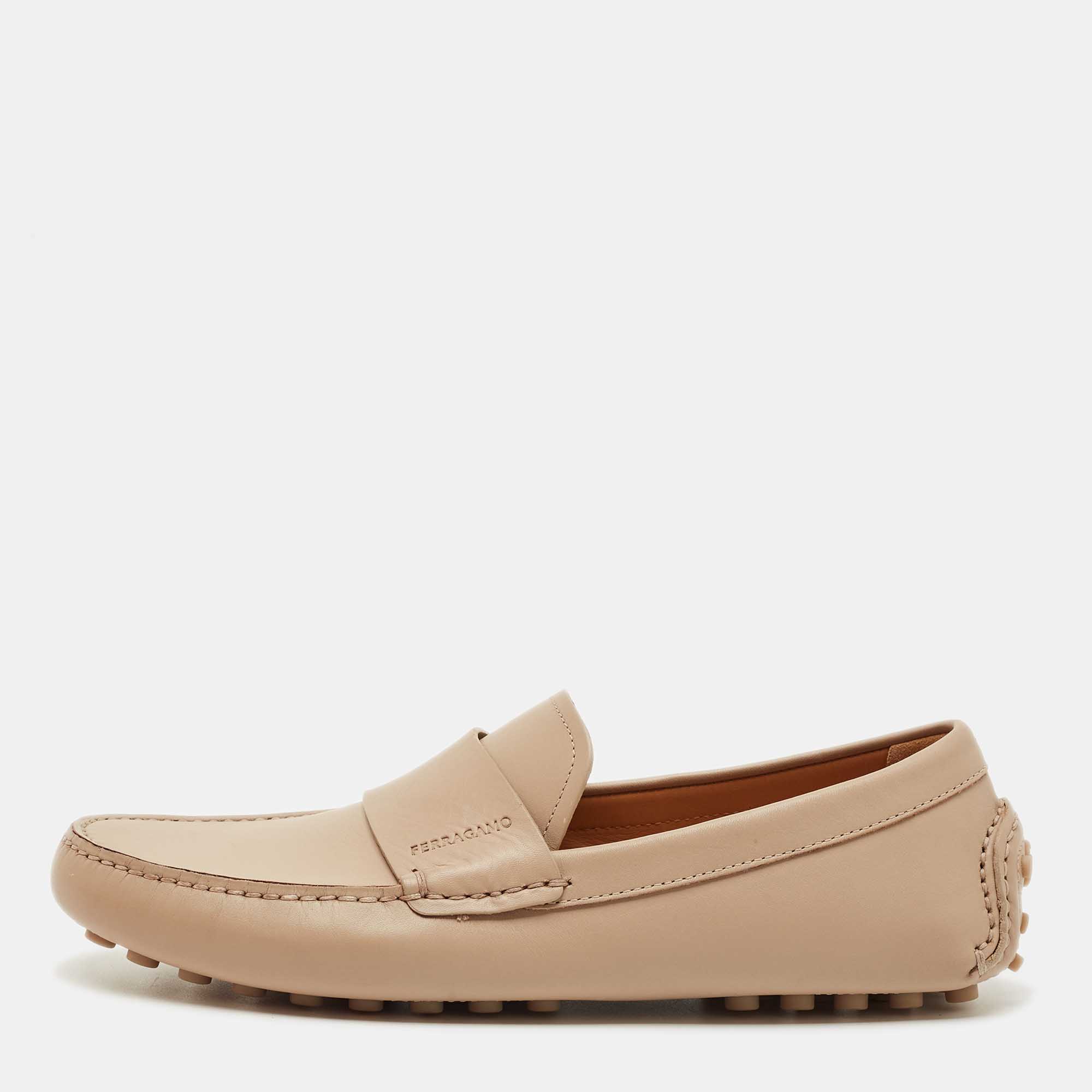 Pre Owned Salvatore Ferragamo Beige Leather Saddle Driving Loafers Size 41