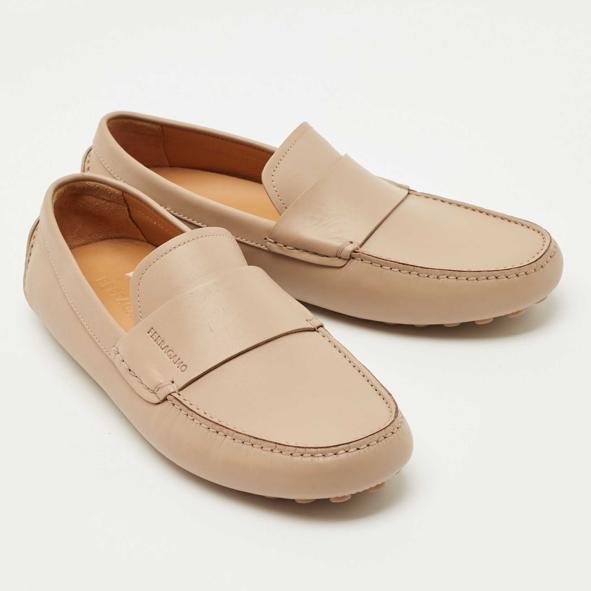 Pre Owned Salvatore Ferragamo Beige Leather Saddle Driving Loafers Size 41