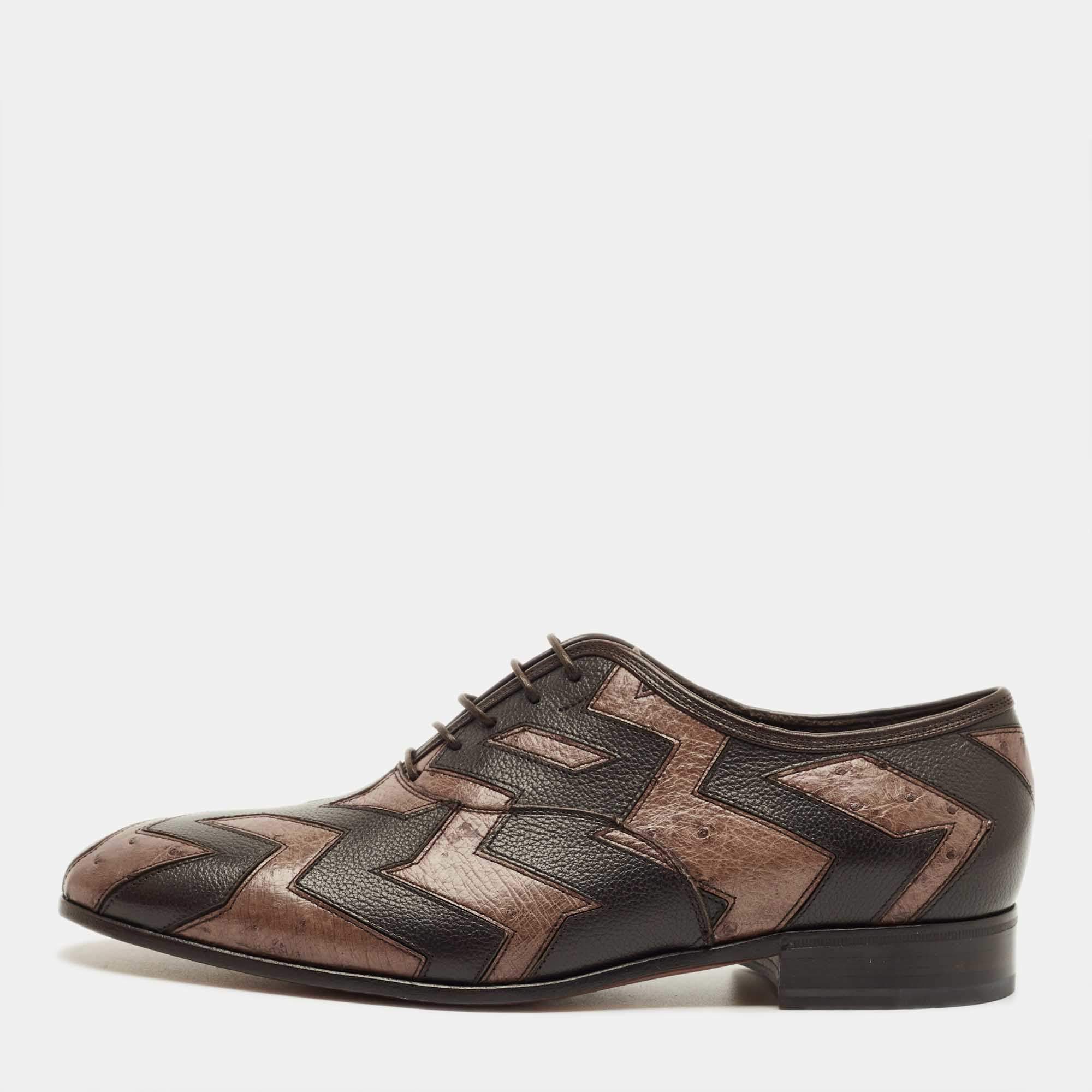 Pre Owned Salvatore Ferragamo Brown Ostrich and Leather Gris Oxfords Size 41
