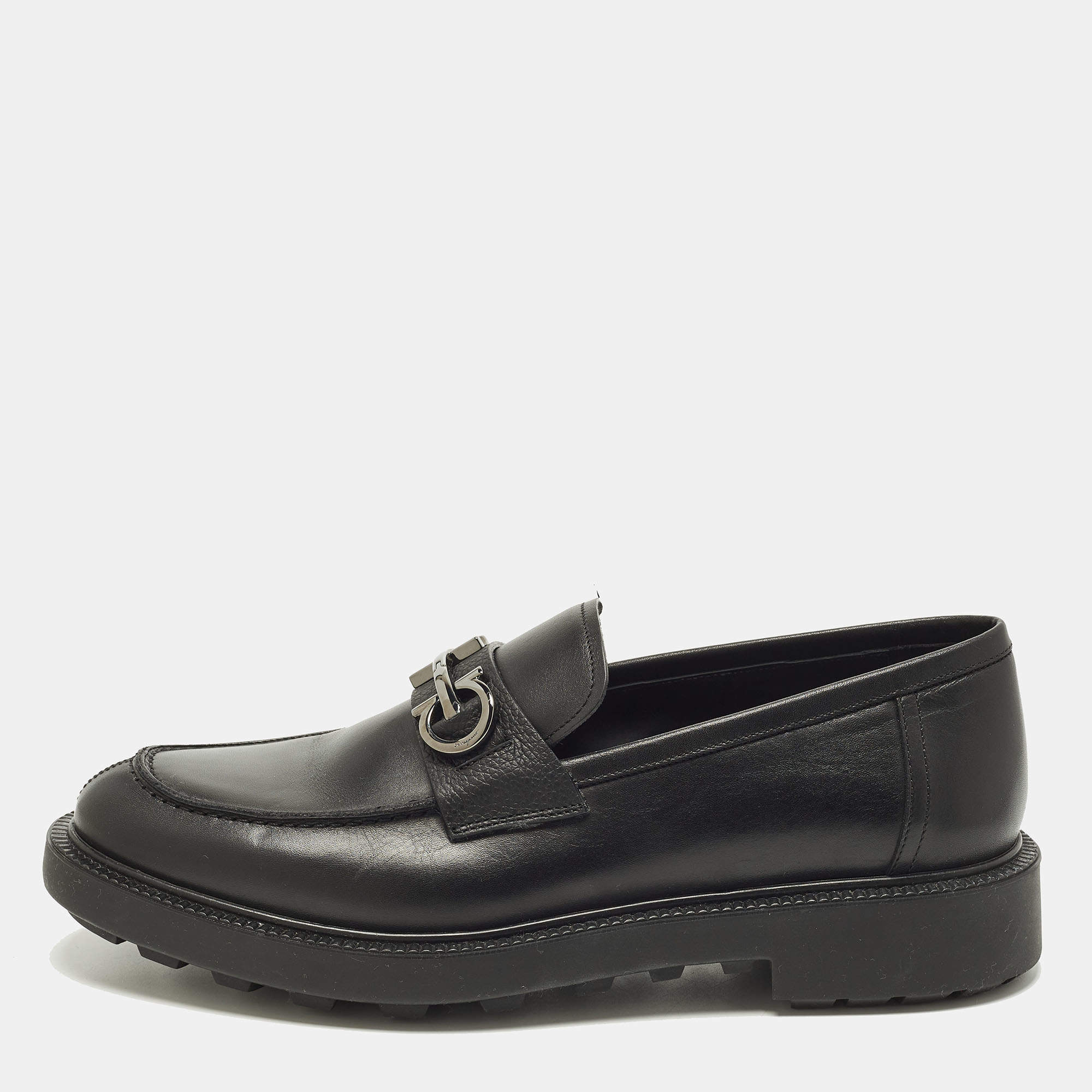 مملوكة مسبقًا Salvatore Ferragamo Double Gancio Size 43.5 Black Leather Loafers