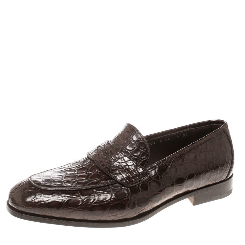 Salvatore Ferragamo Mocca Crocodile Leather Pablo Penny Loafers Size 43