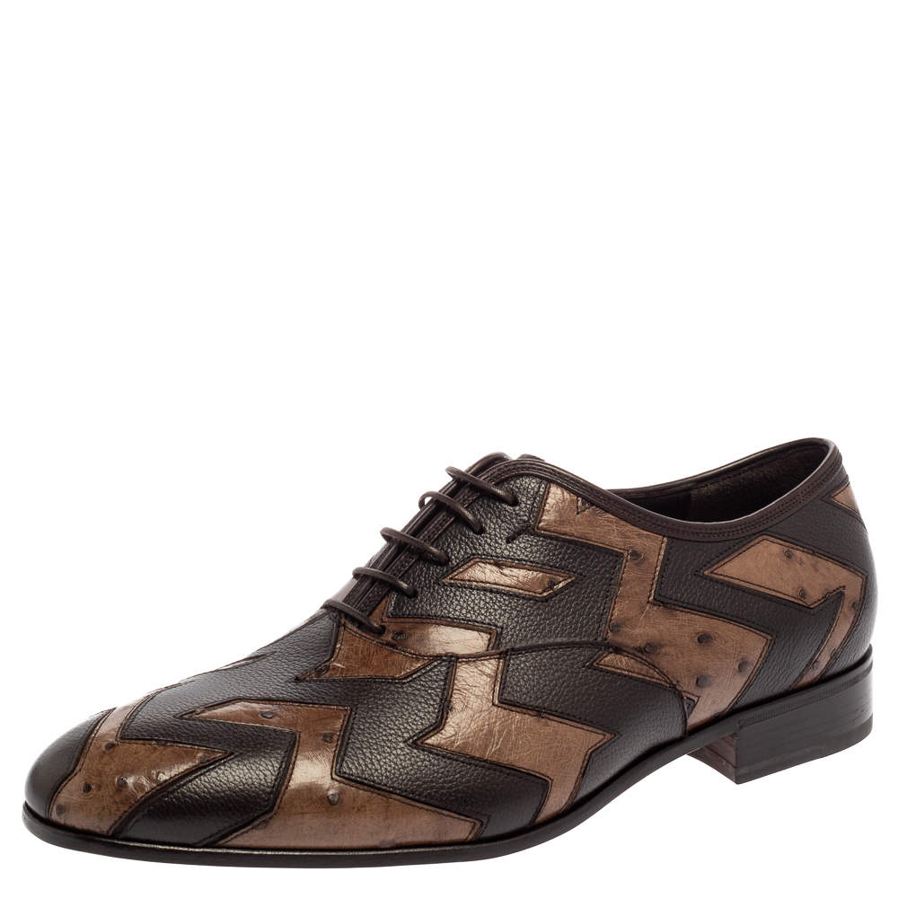 Salvatore Ferragamo Brown Ostrich Leather Francesina Lace Up Oxfords Size 43
