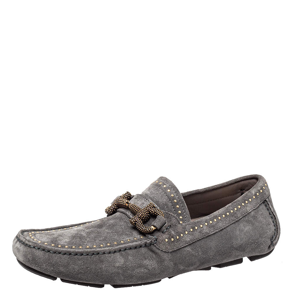 Pre Owned Salvatore Ferragamo Grey Suede Parigi Studded Driving Loafer Size 40
