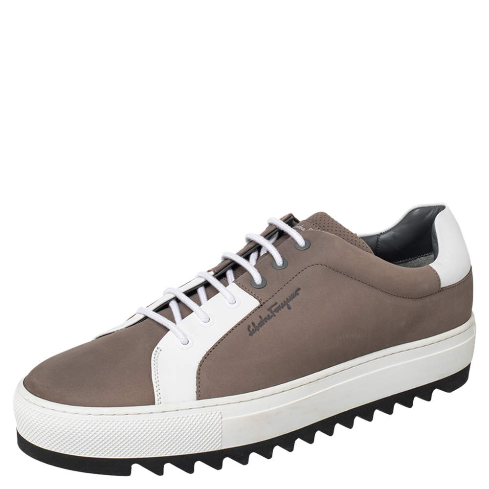  Salvatore Ferragamo Brown/White Leather And Nubuck Sneakers Size 45