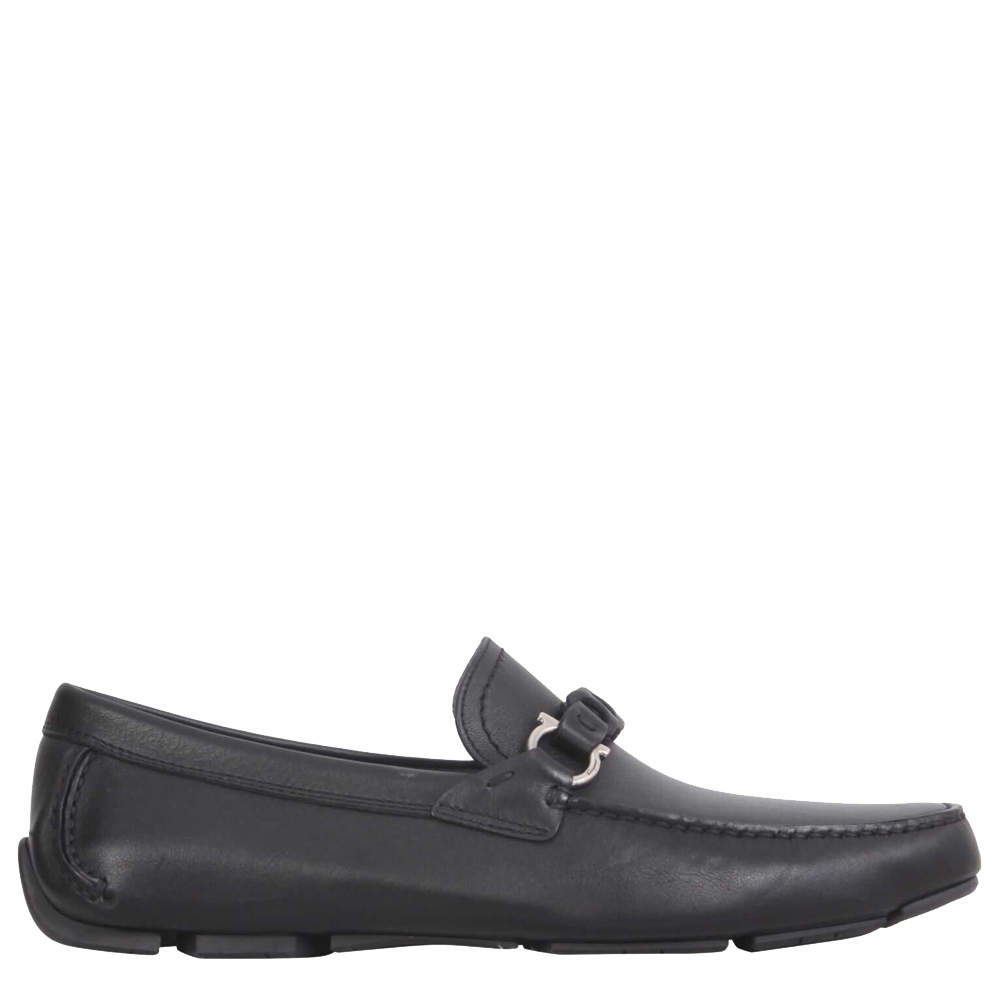 Pre Owned Salvatore Ferragamo Black Leather Gancini Driver Loafers Size US 8 EU 41