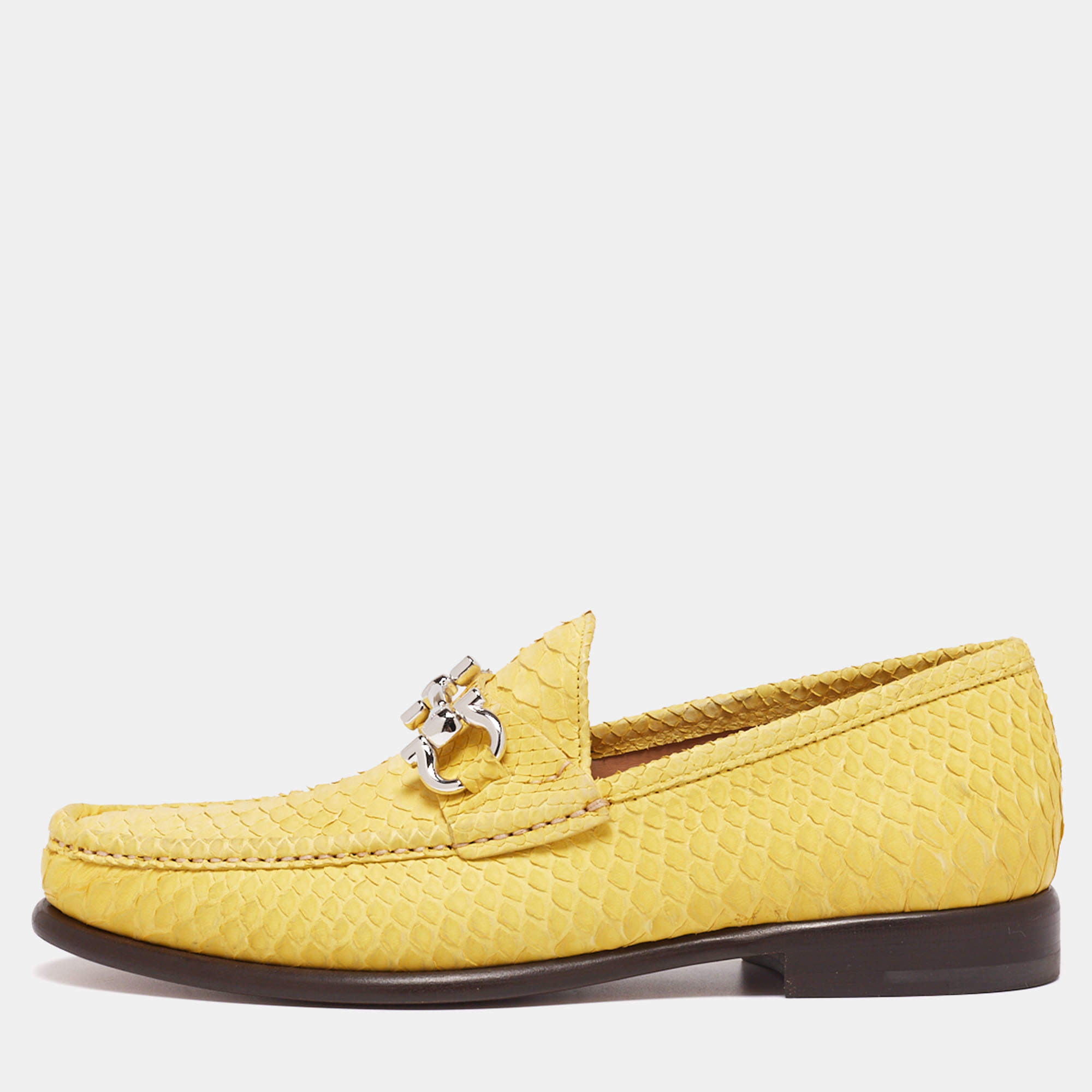 مملوكة مسبقًا حذاء لوفرز سالفاتوري فيراغامو ماسون جلد ثعبان أصفر مزين هورسبيت مقاس 41