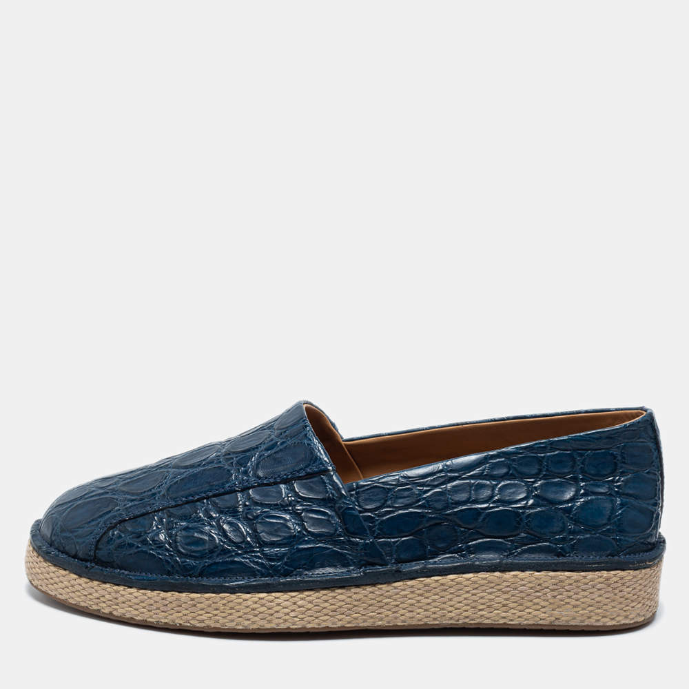 Pre Owned Salvatore Ferragamo Navy Blue Crocodile Leather Lampedusa Espadrilles Size 41.5