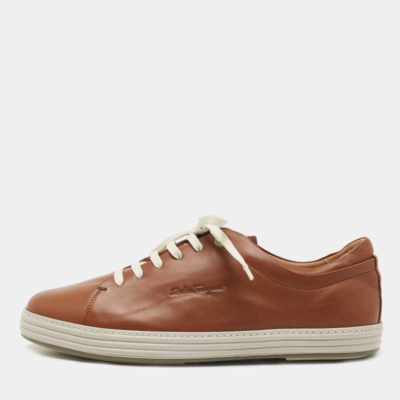 Salvatore Ferragamo Tan Leather Low Top Sneakers Size 44.5