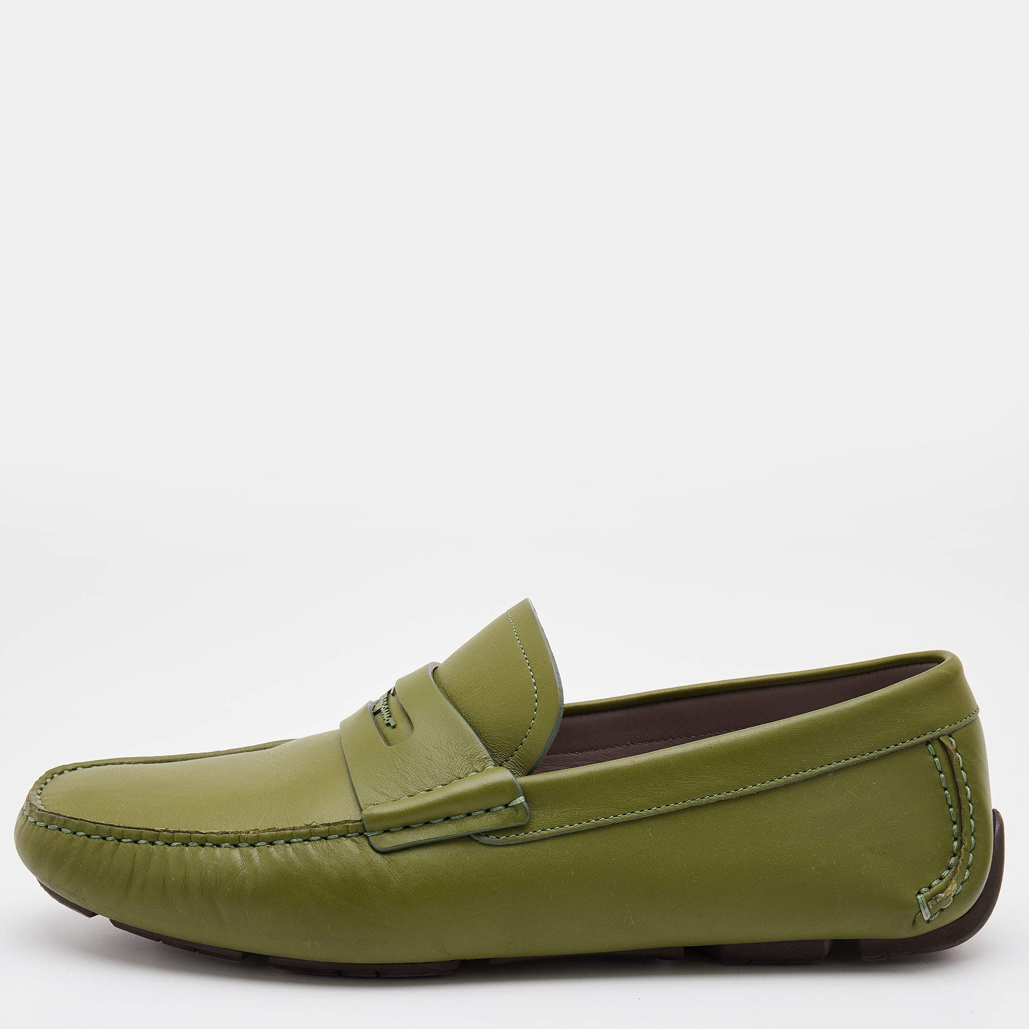 Pre Owned Salvatore Ferragamo Green Leather Slip On Loafers Size 42