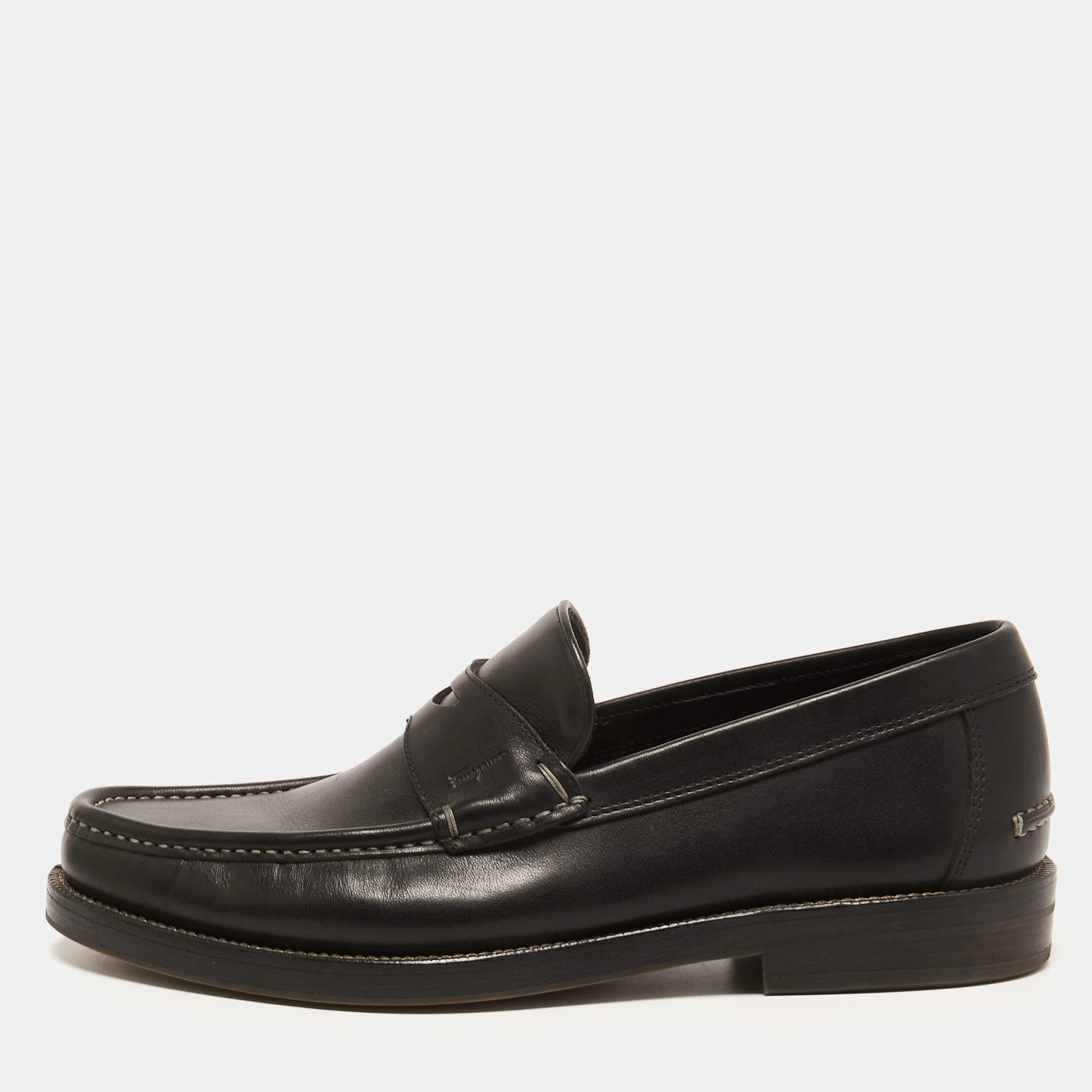 Pre Owned Salvatore Ferragamo Black  Leather Slip On Loafers Size 41.5 
