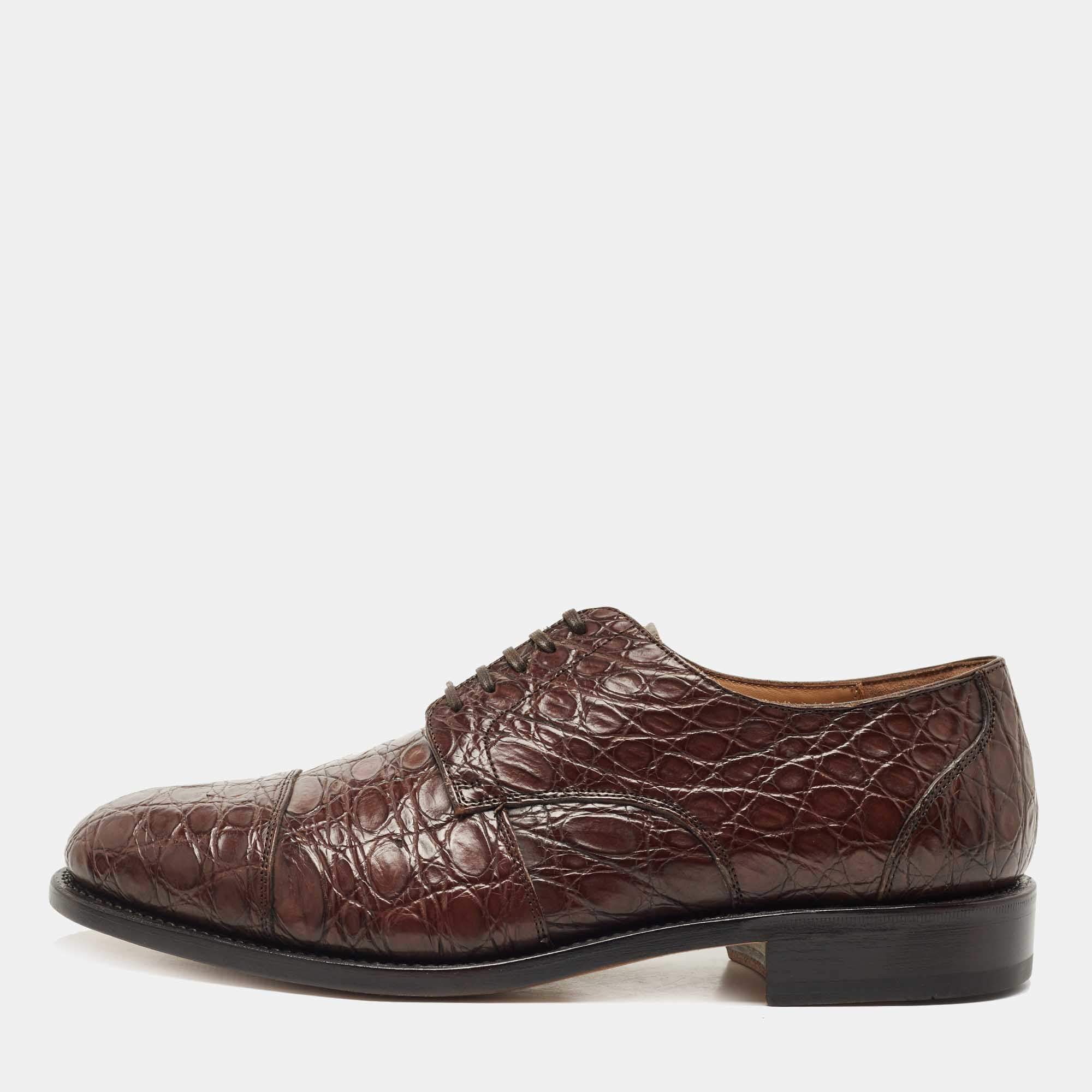 Salvatore Ferragamo Brown Crocodile Leather Nordland Derby Size 42.5