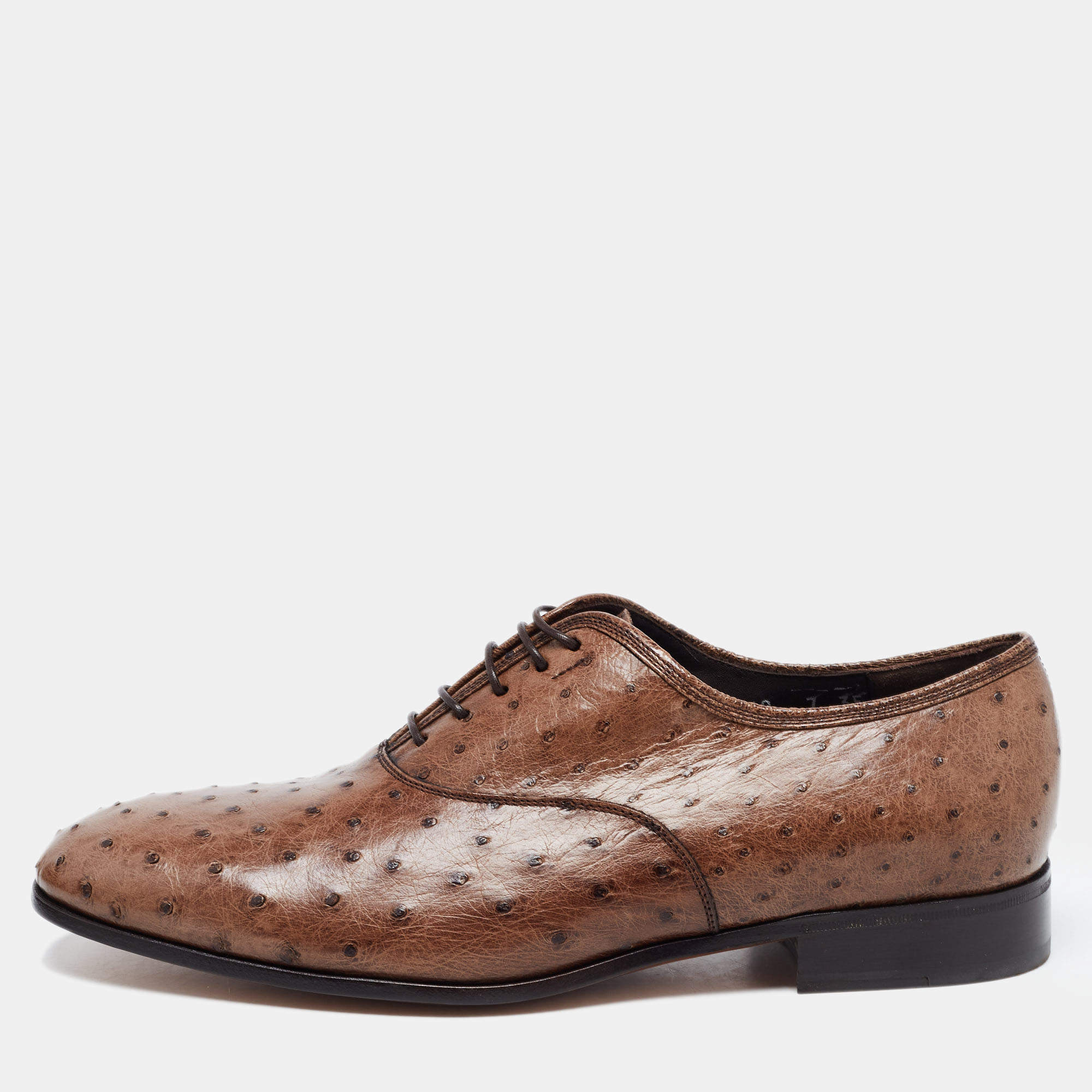 Pre Owned Salvatore Ferragamo Brown Ostrich Leather Gris Lace Up Derby Size 41