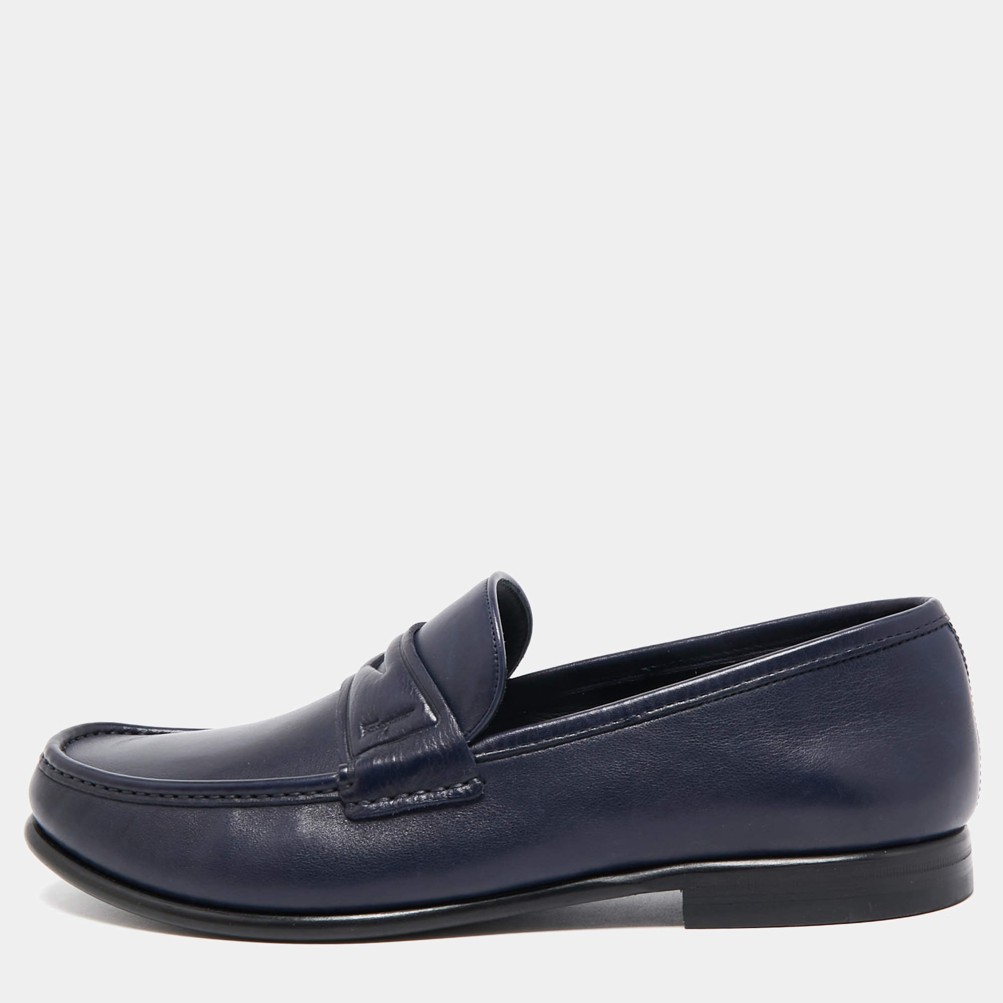 Pre Owned Salvatore Ferragamo Navt Blue Leather Connor Slip On Loafers Size 45