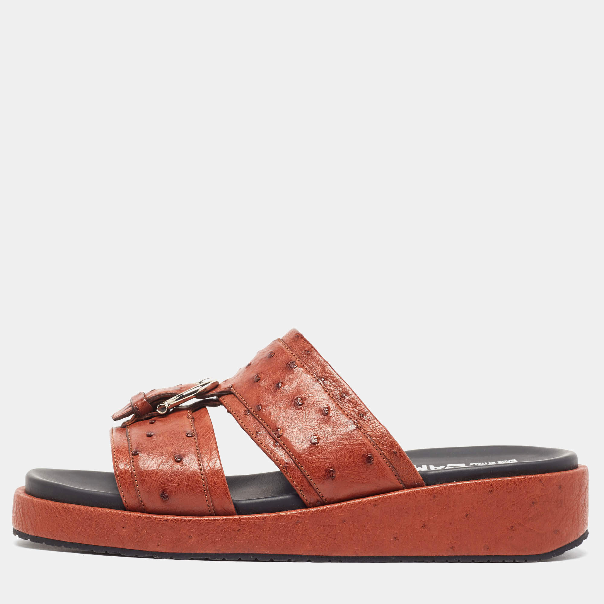 Salvatore Ferragamo Brown Ostrich Lutfi Platform Slides Size 41