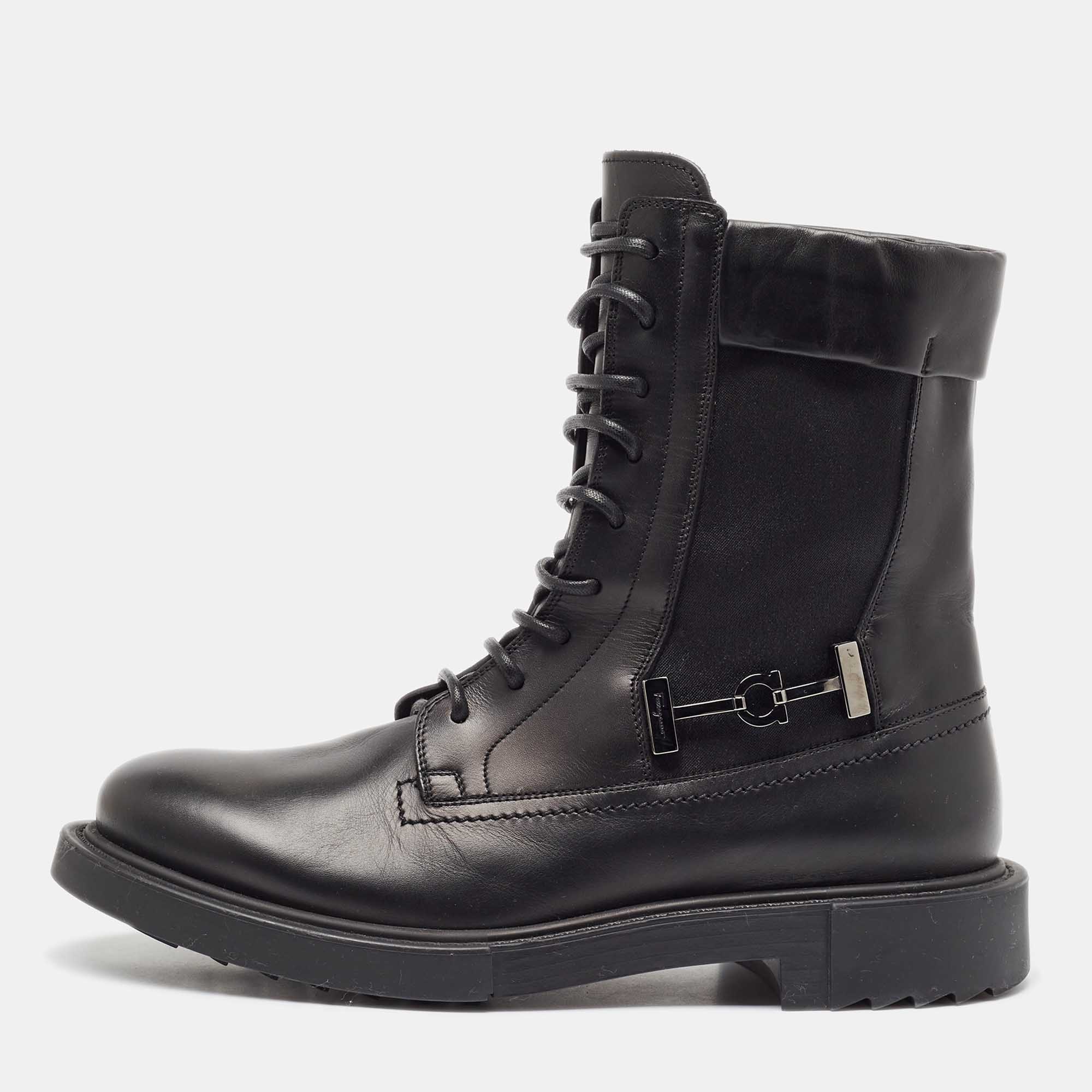Salvatore Ferragamo Black Leather and Fabric Ankle Boots Size 40