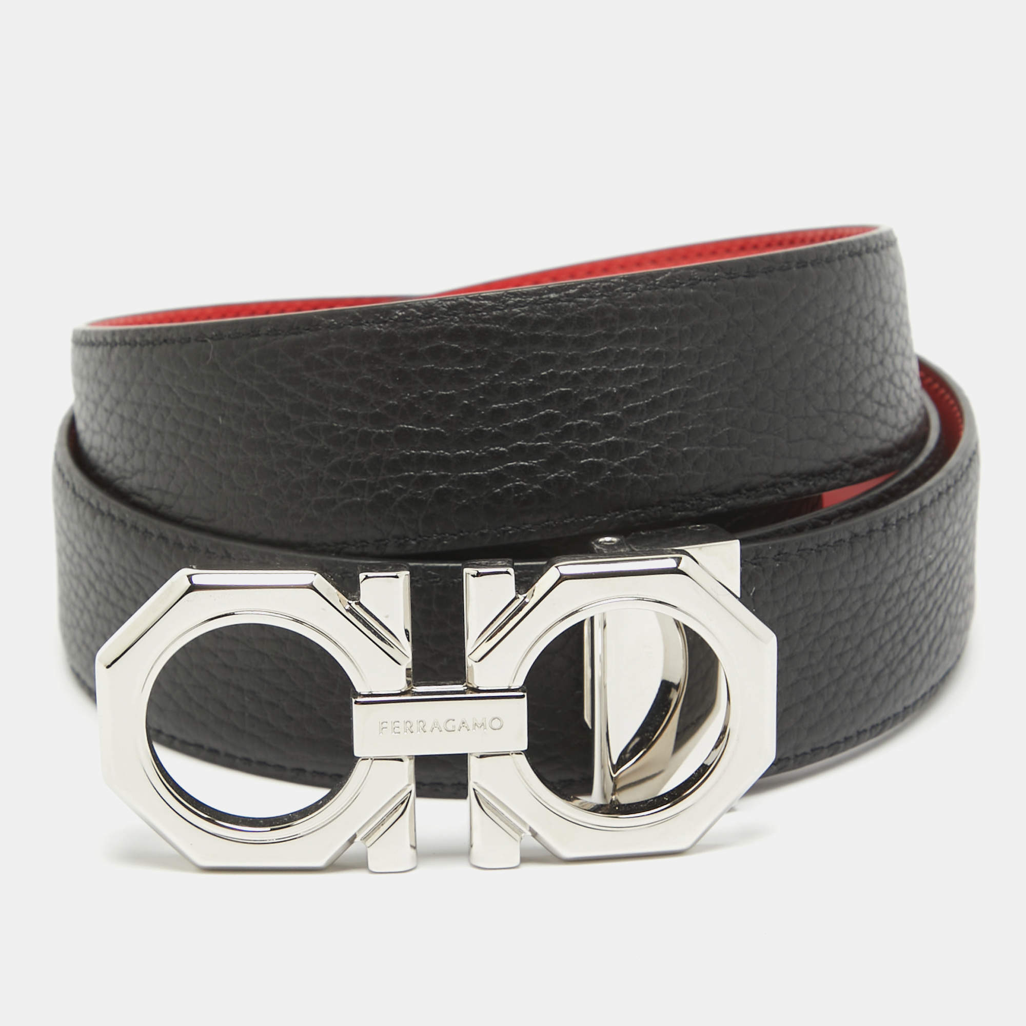 Salvatore Ferragamo Black Red Leather Reversible Gancini Belt Cut to Size