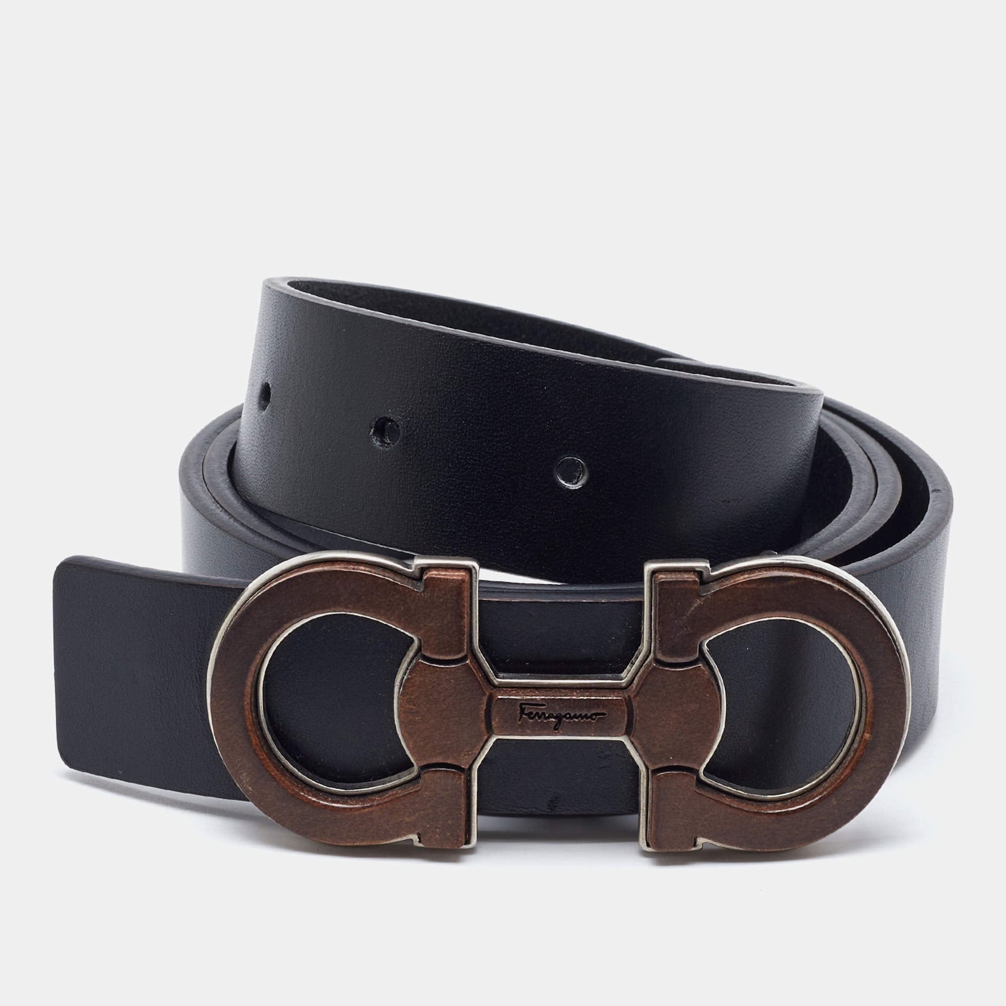 Pre Owned Salvatore Ferragamo Black Leather Gancini Buckle Belt 85CM