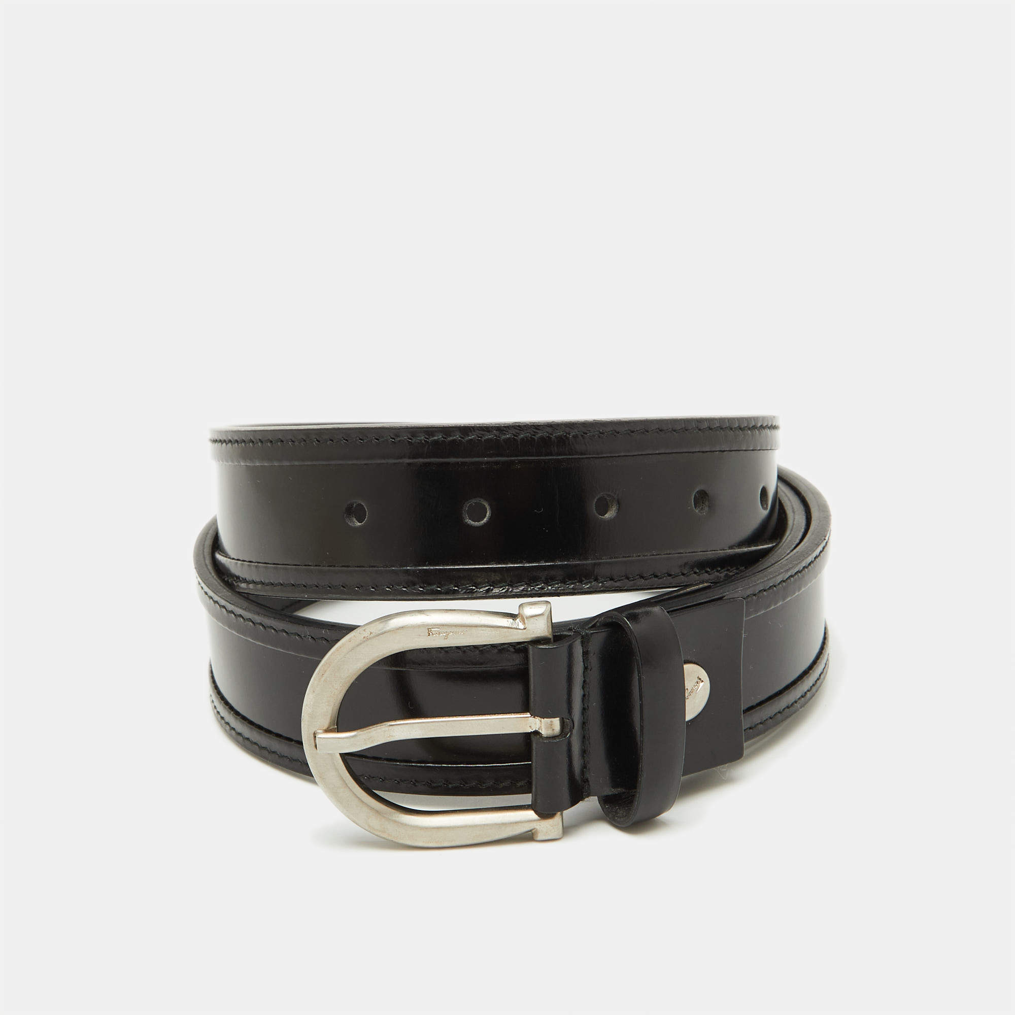 Pre Owned Salvatore Ferragamo Black Leather Buckle Belt 90CM