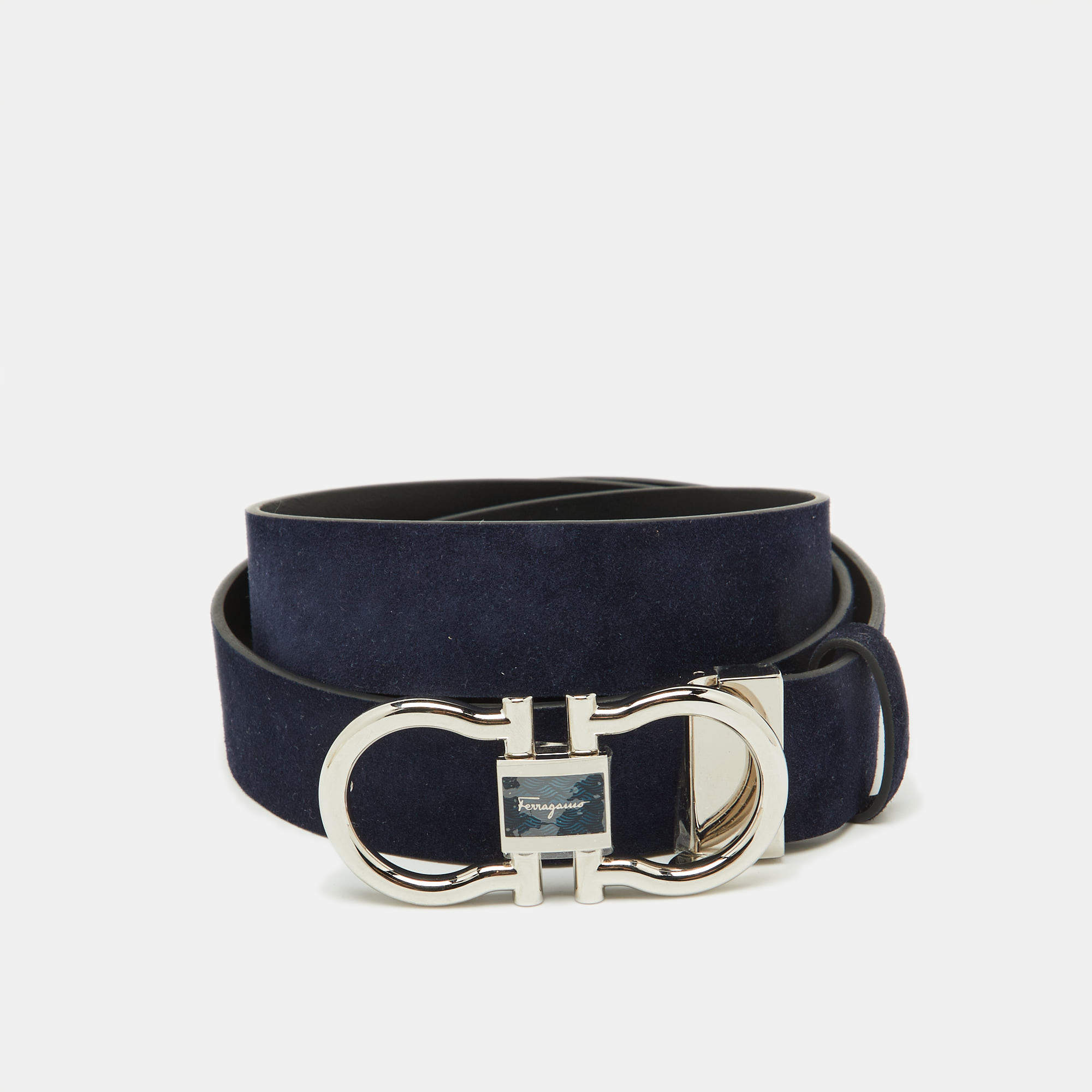 Pre Owned Salvatore Ferragamo Navy Blue/Black Nubuck Leather Cut to Size Reversible Gancini Buckle Belt