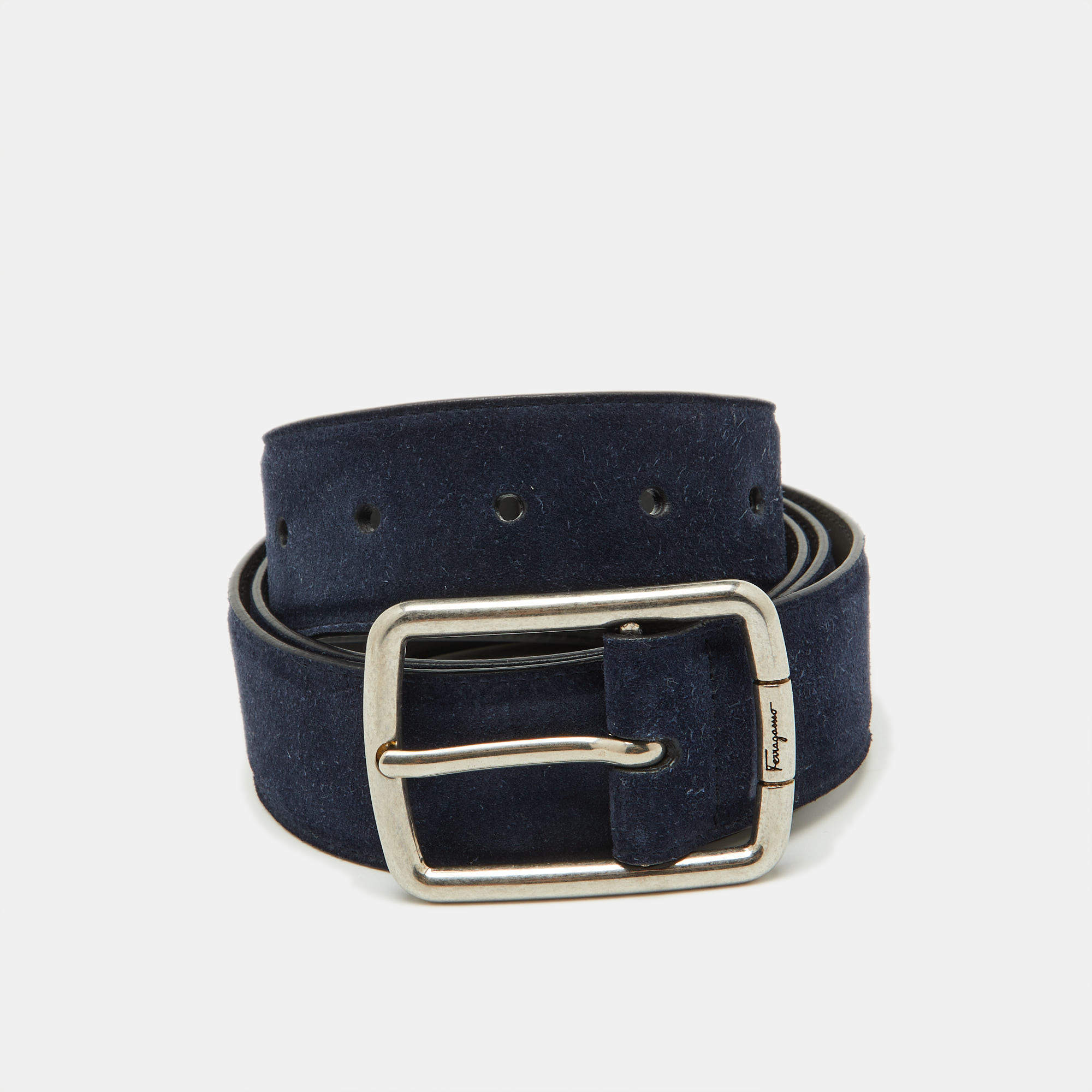 Pre Owned Salvatore Ferragamo Navy Blue Suede Buckle Belt 105CM
