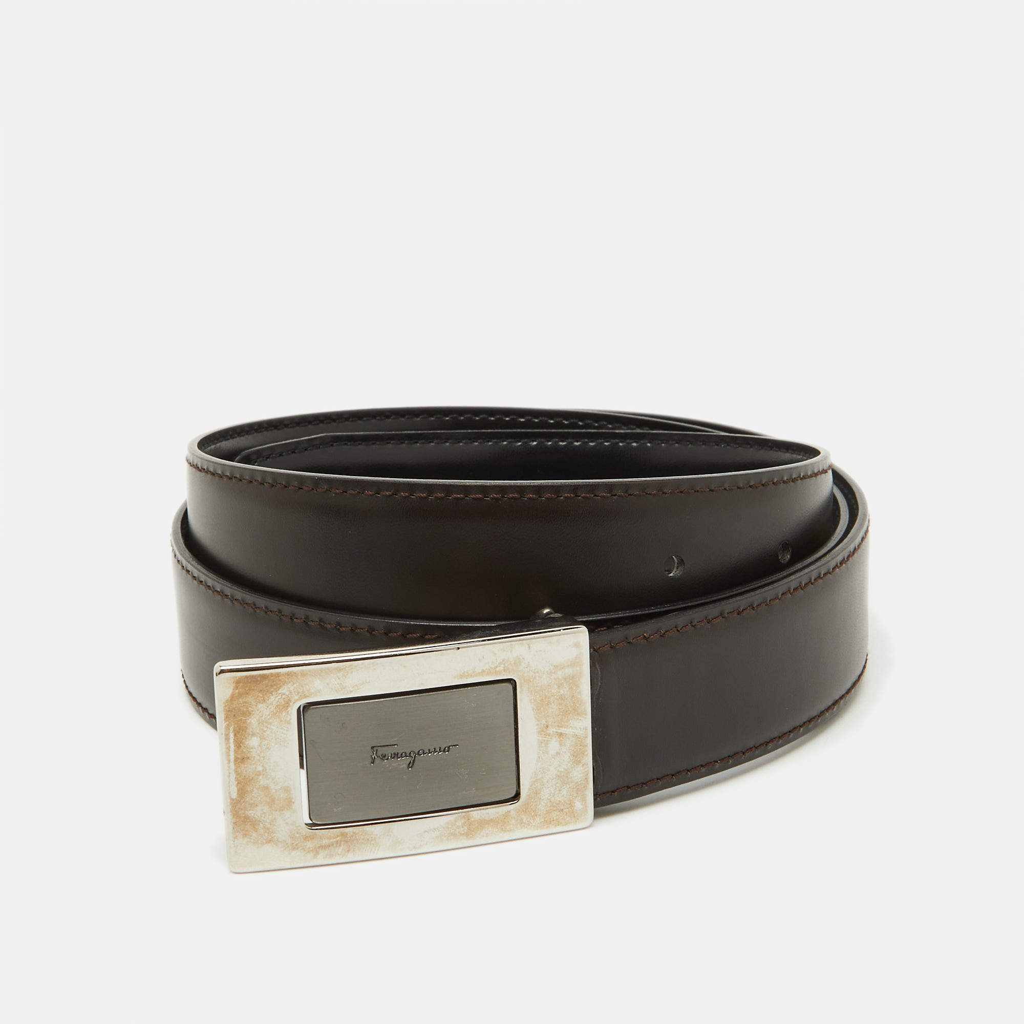 Salvatore Ferragamo Black/Dark Brown Leather Cut to Size Buckle Belt