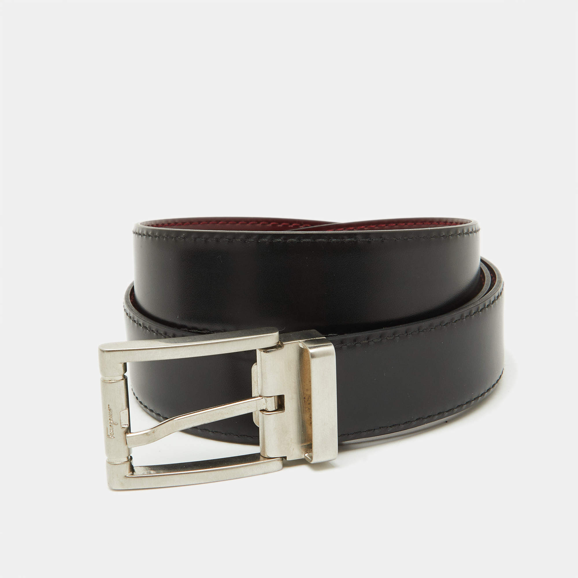 Pre Owned Salvatore Ferragamo Burgundy/Black Leather Cut to Size Buckle Belt