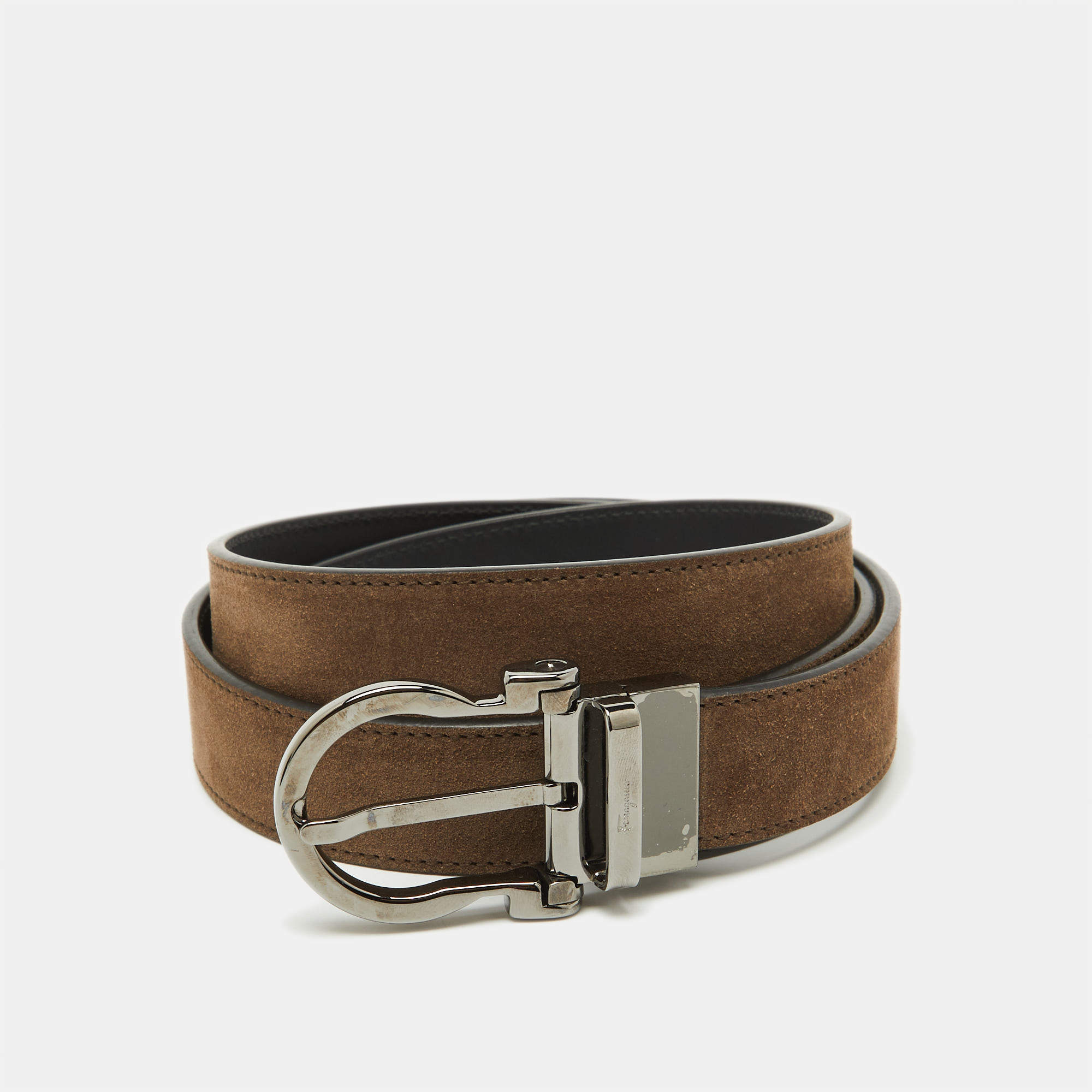 Pre Owned Salvatore Ferragamo Brown/Black Nubuck Leather Cut to Size Reversible Gancini Buckle Belt