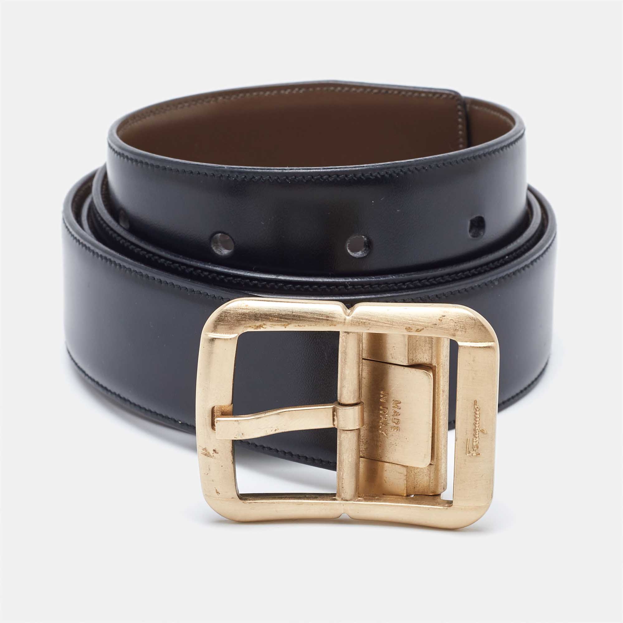 Salvatore Ferragamo Black/Tan Leather Cut to Size Reversible Buckle Belt