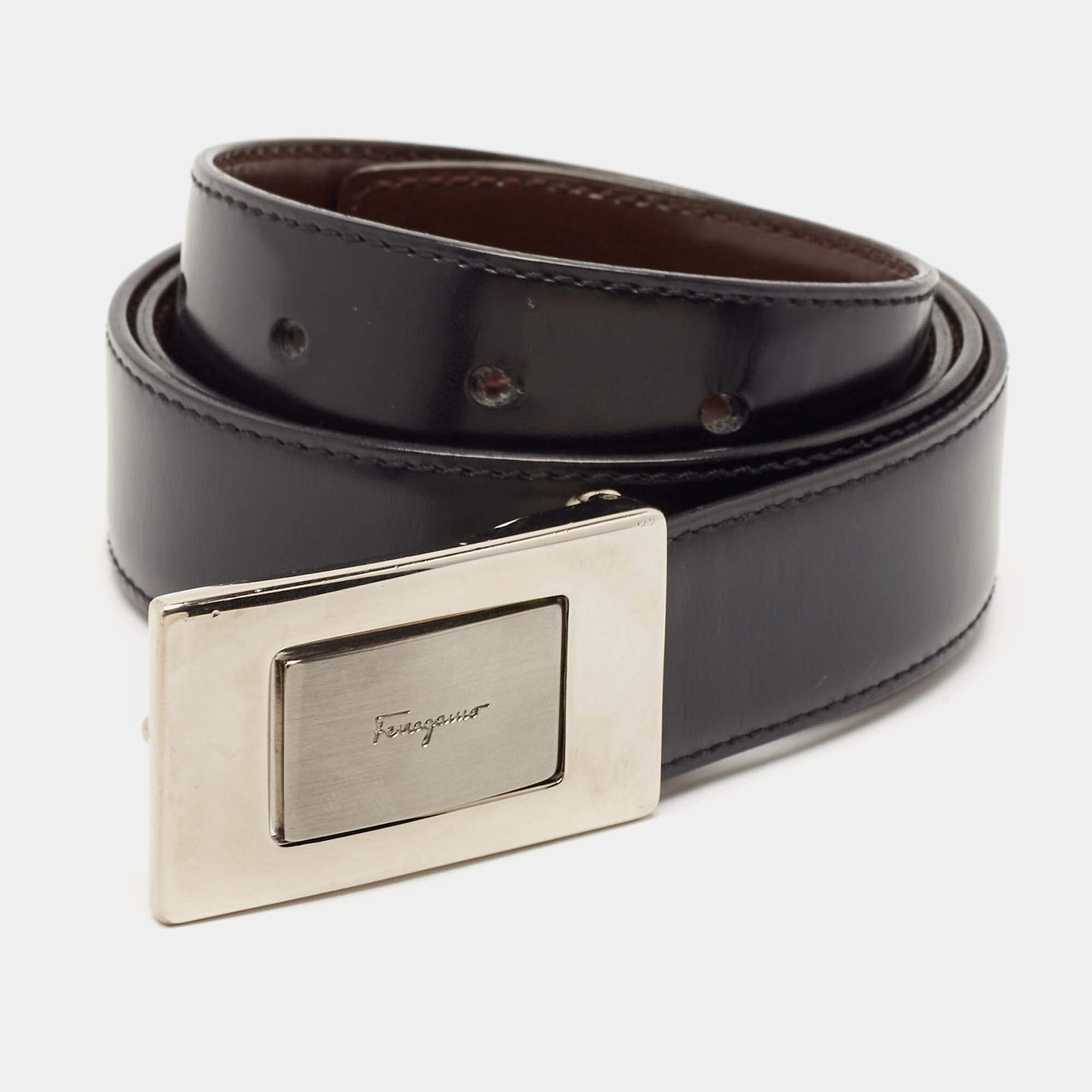 Salvatore Ferragamo Black Leather Gold Tone Buckle Gancini