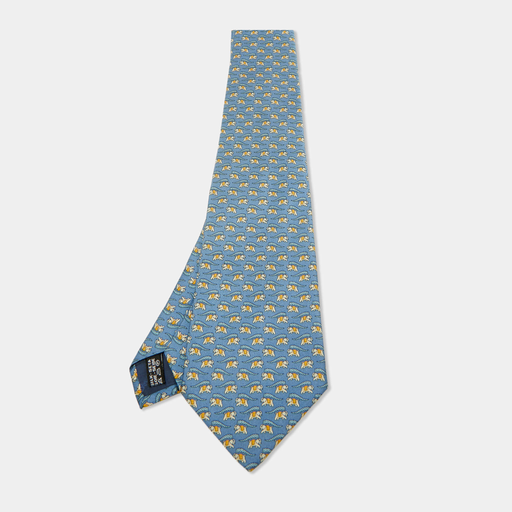 Pre Owned Salvatore Ferragamo Blue Elephant Print Silk Traditional Tie