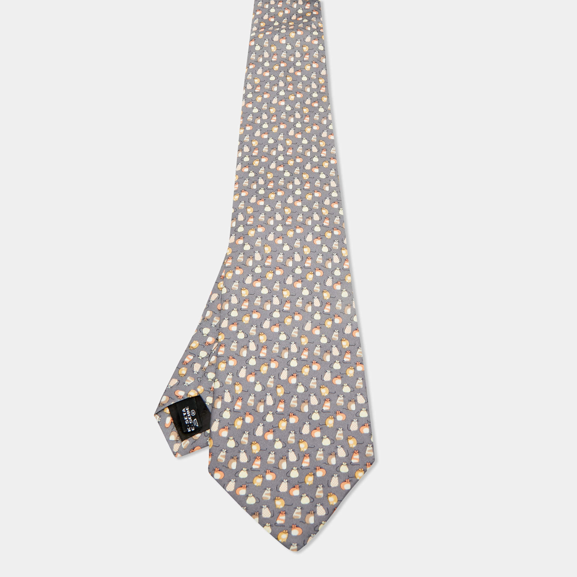 Pre Owned Salvatore Ferragamo Grey Mice Print Silk Tie