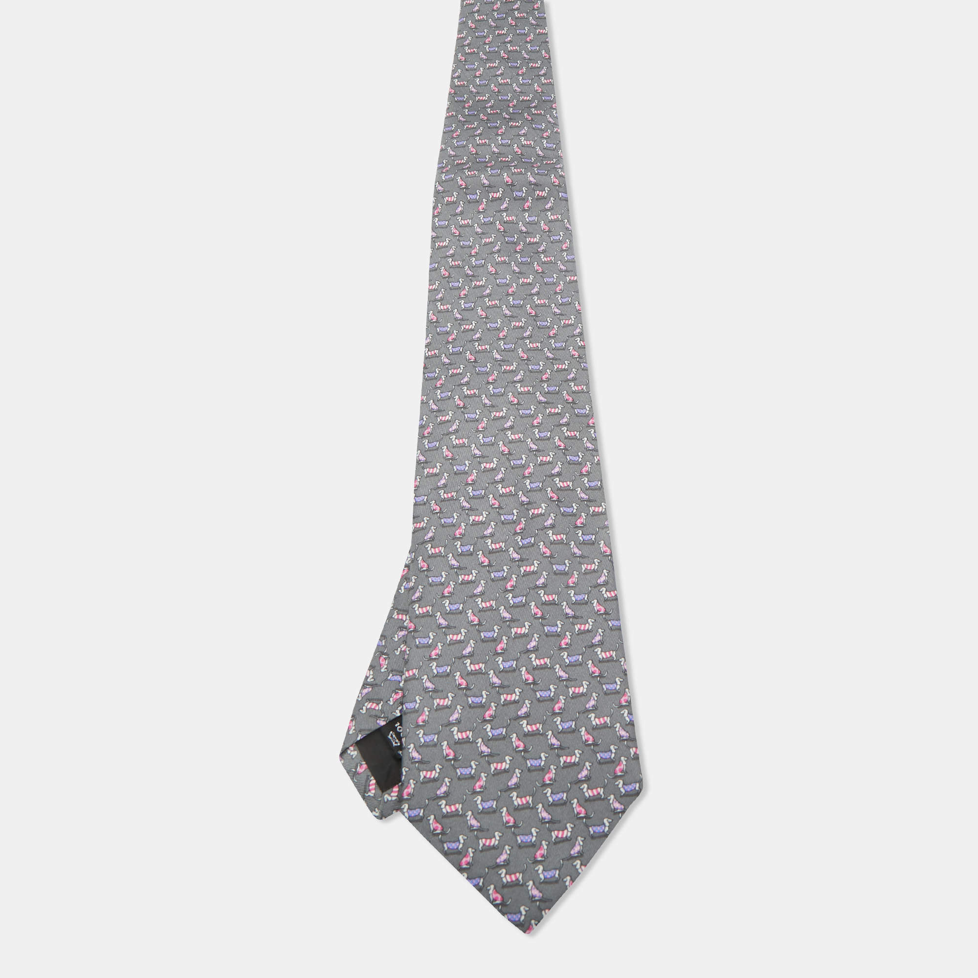 Pre Owned Salvatore Ferragamo Grey Dogs Print Silk Traditional Tie