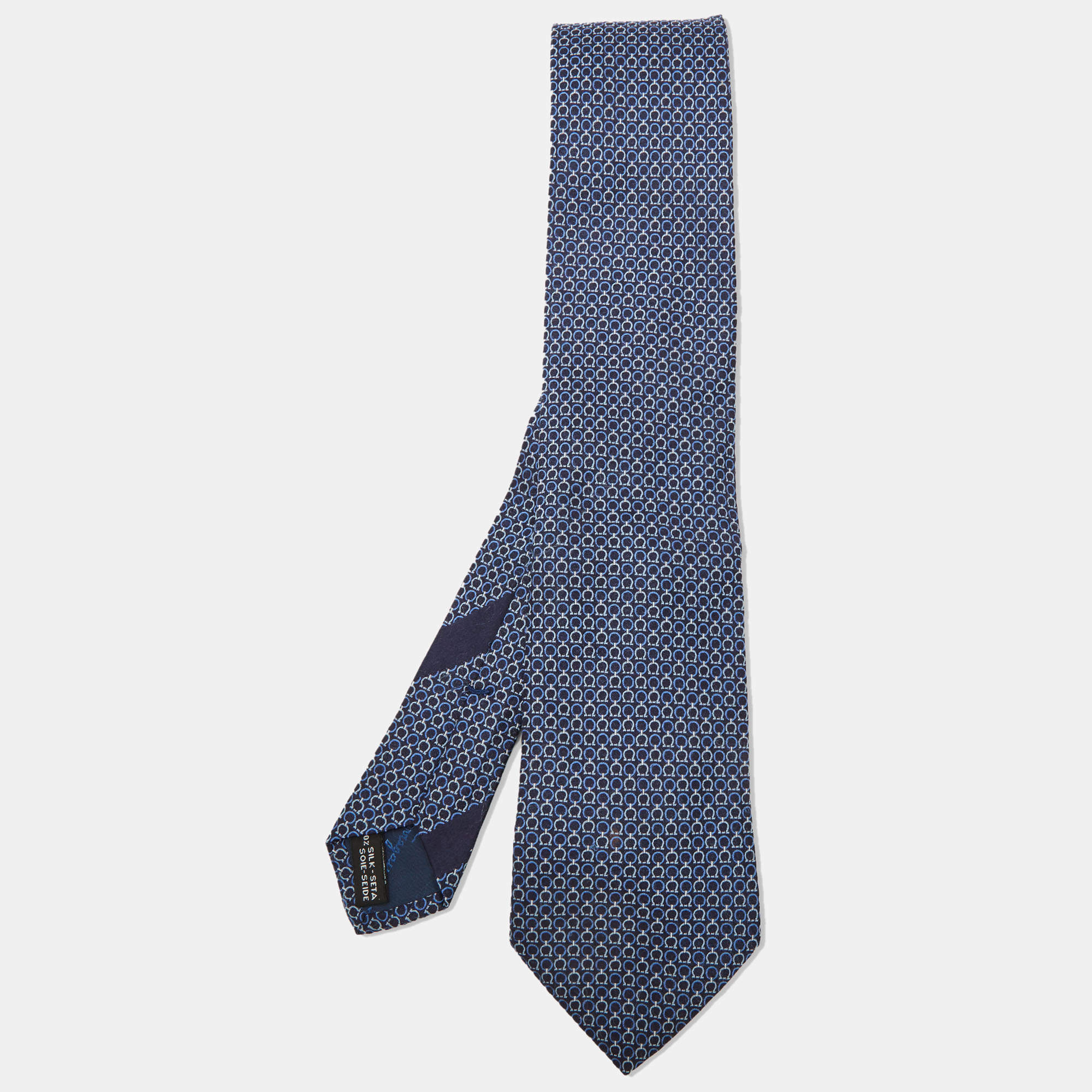 Pre Owned Salvatore Ferragamo Navy Blue Gancini Jacquard Silk Classic Tie