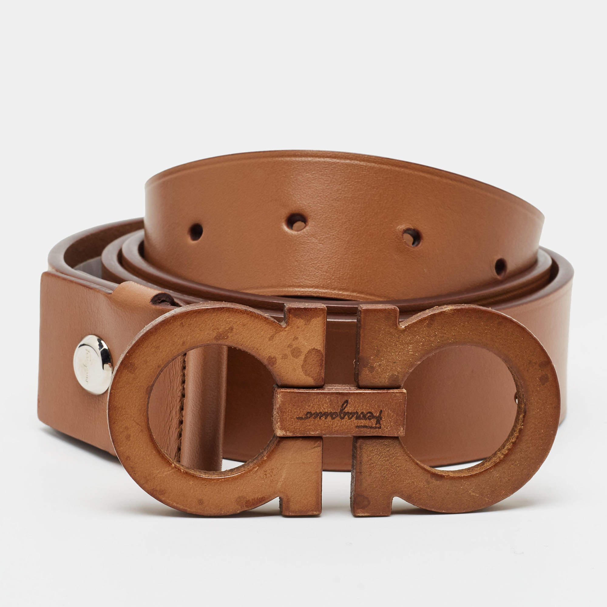 Pre Owned Salvatore Ferragamo Gancini 95 CM Buckle Belt Brown Leather