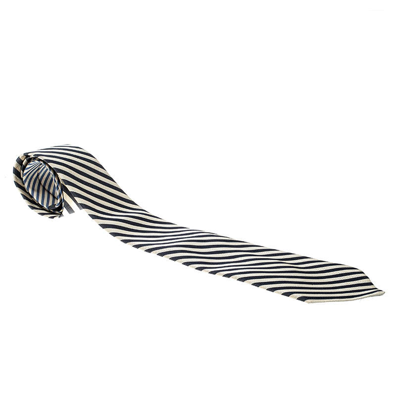 Pre Owned Salvatore Ferragamo Vintage Beige and Blue Diagonal Striped Silk Tie