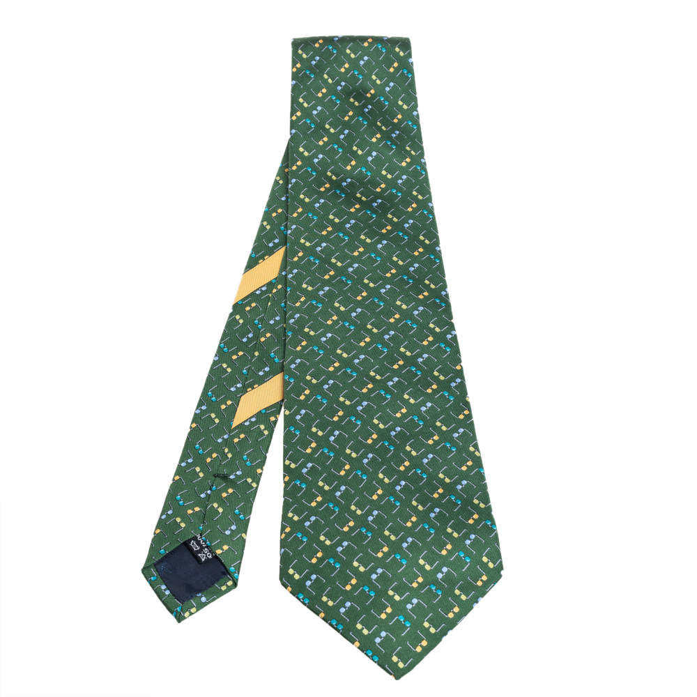 Pre Owned Salvatore Ferragamo Green Eyeglass Print Silk Tie