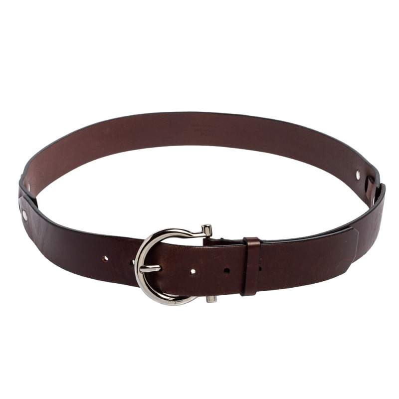Pre Owned Salvatore Ferragamo Brown Leather Gancio Buckle Belt 100 CM