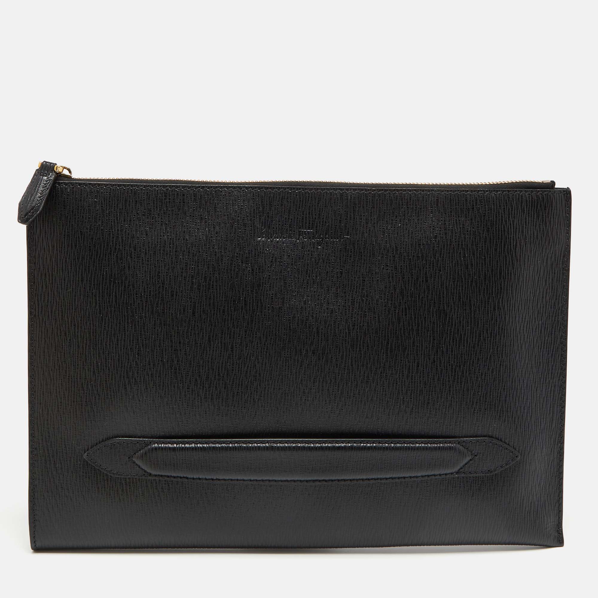Salvatore Ferragamo Black Leather Revival 3.0 Travel Portfolio