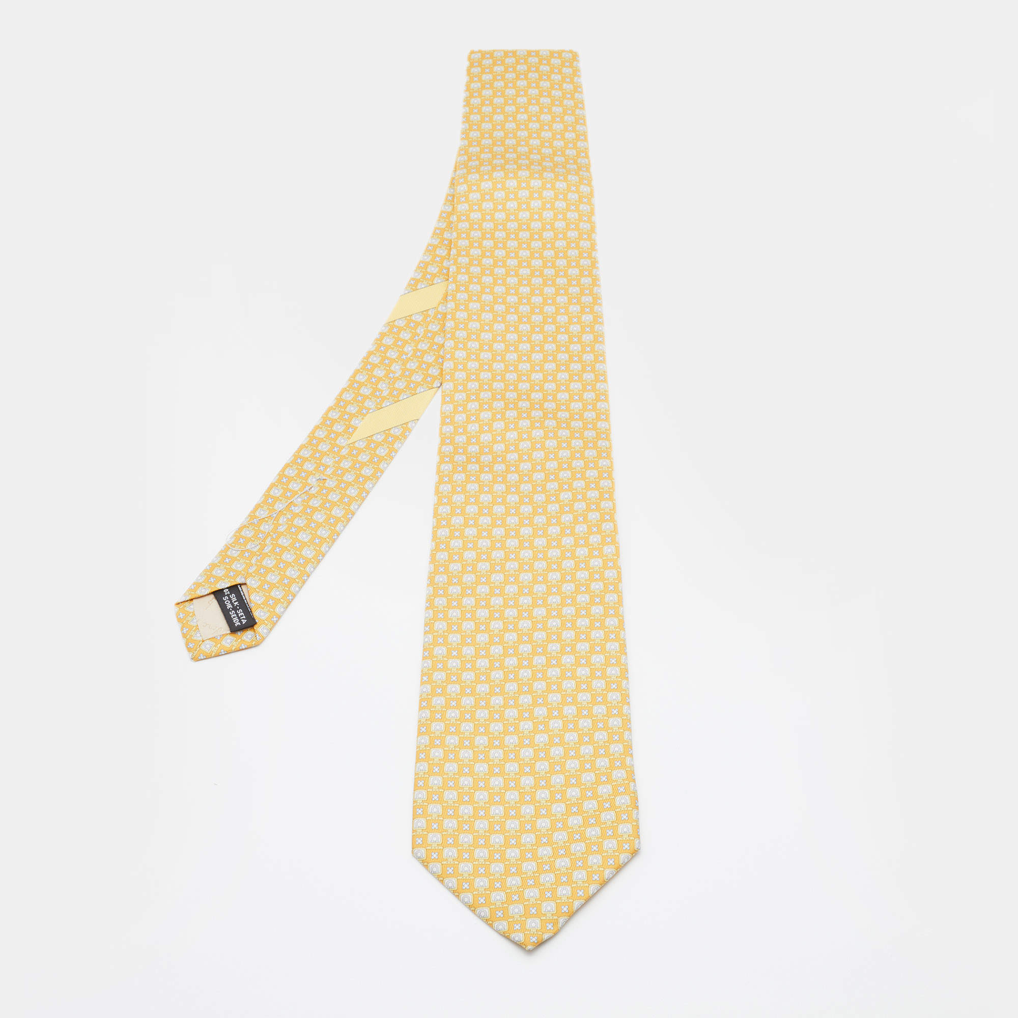 Pre Owned Salvatore Ferragamo Yellow Gancini Print Silk Tie