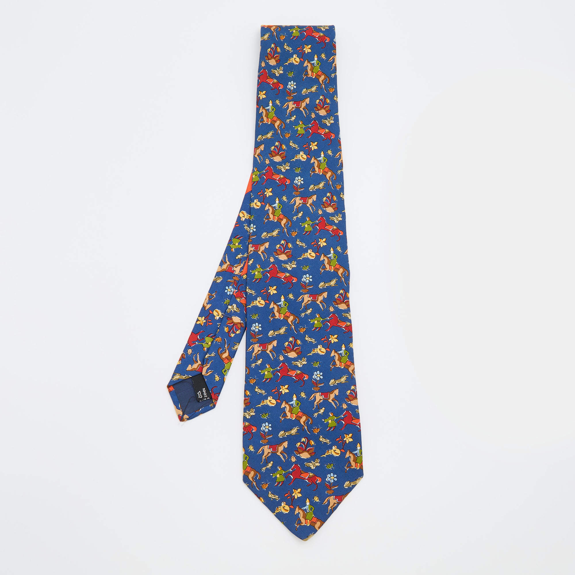 Pre Owned Salvatore Ferragamo Cobalt Blue Horse Print Silk Tie