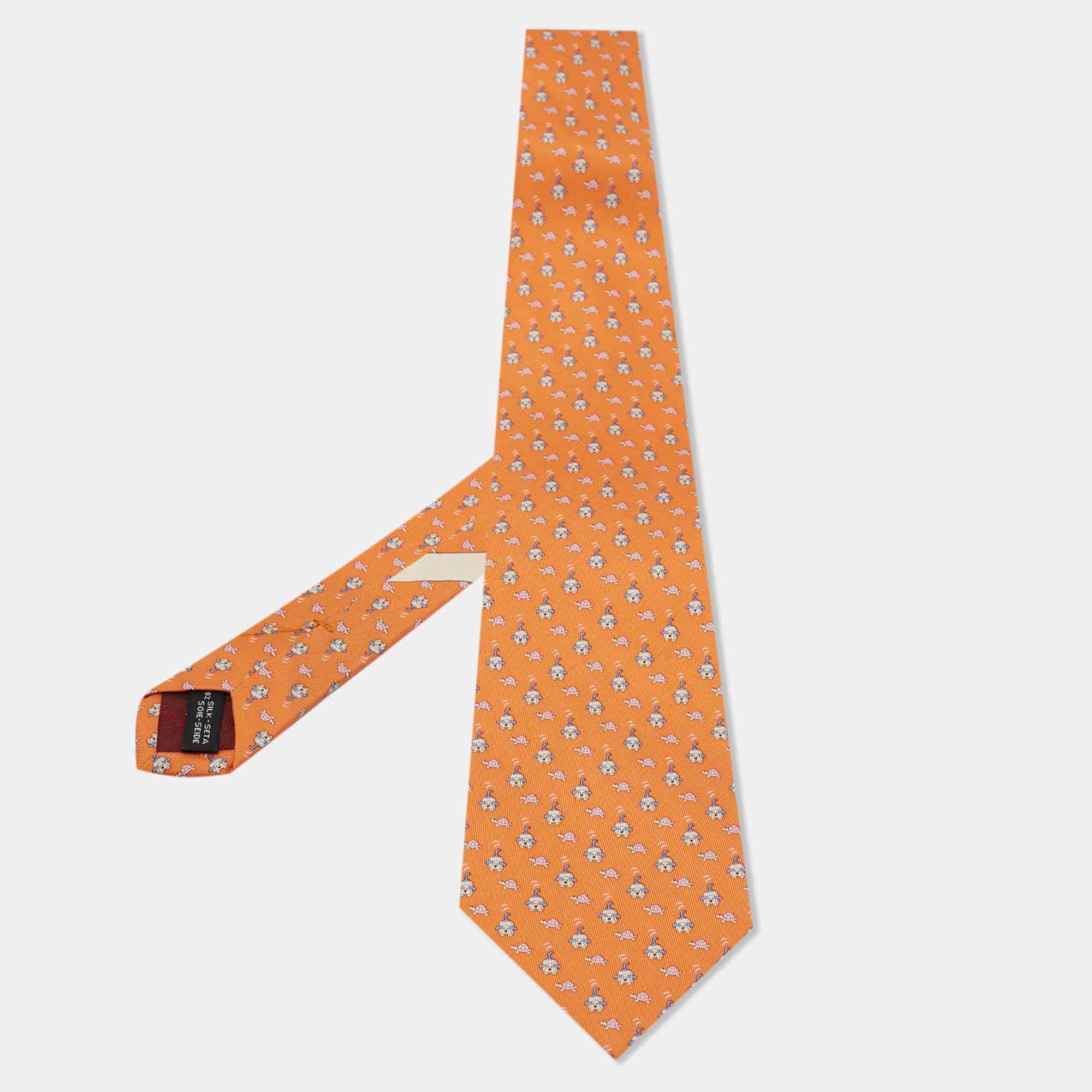 Pre Owned Salvatore Ferragamo Orange Printed Silk Classic Tie