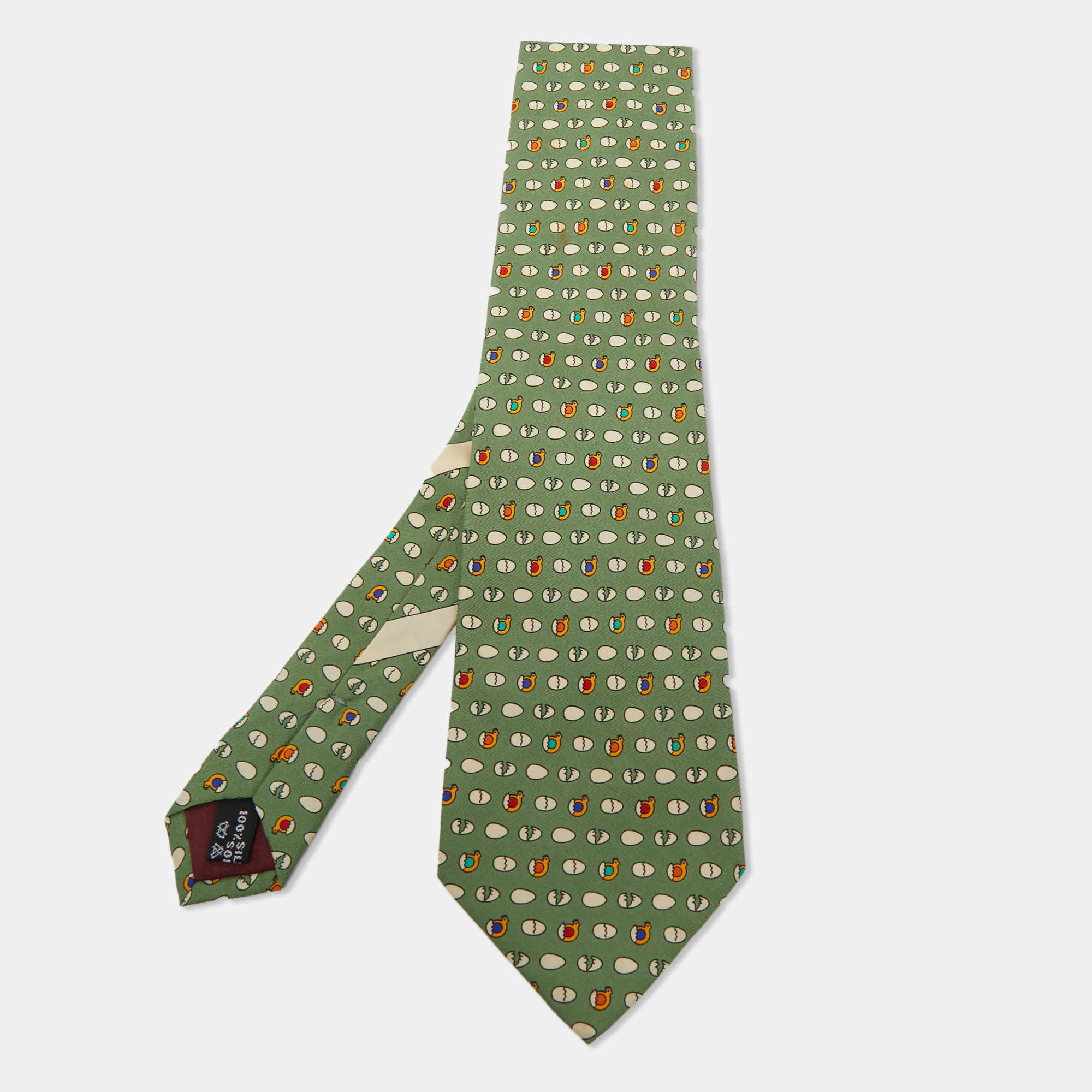 Pre Owned Salvatore Ferragamo Green Printed Silk Classic Tie